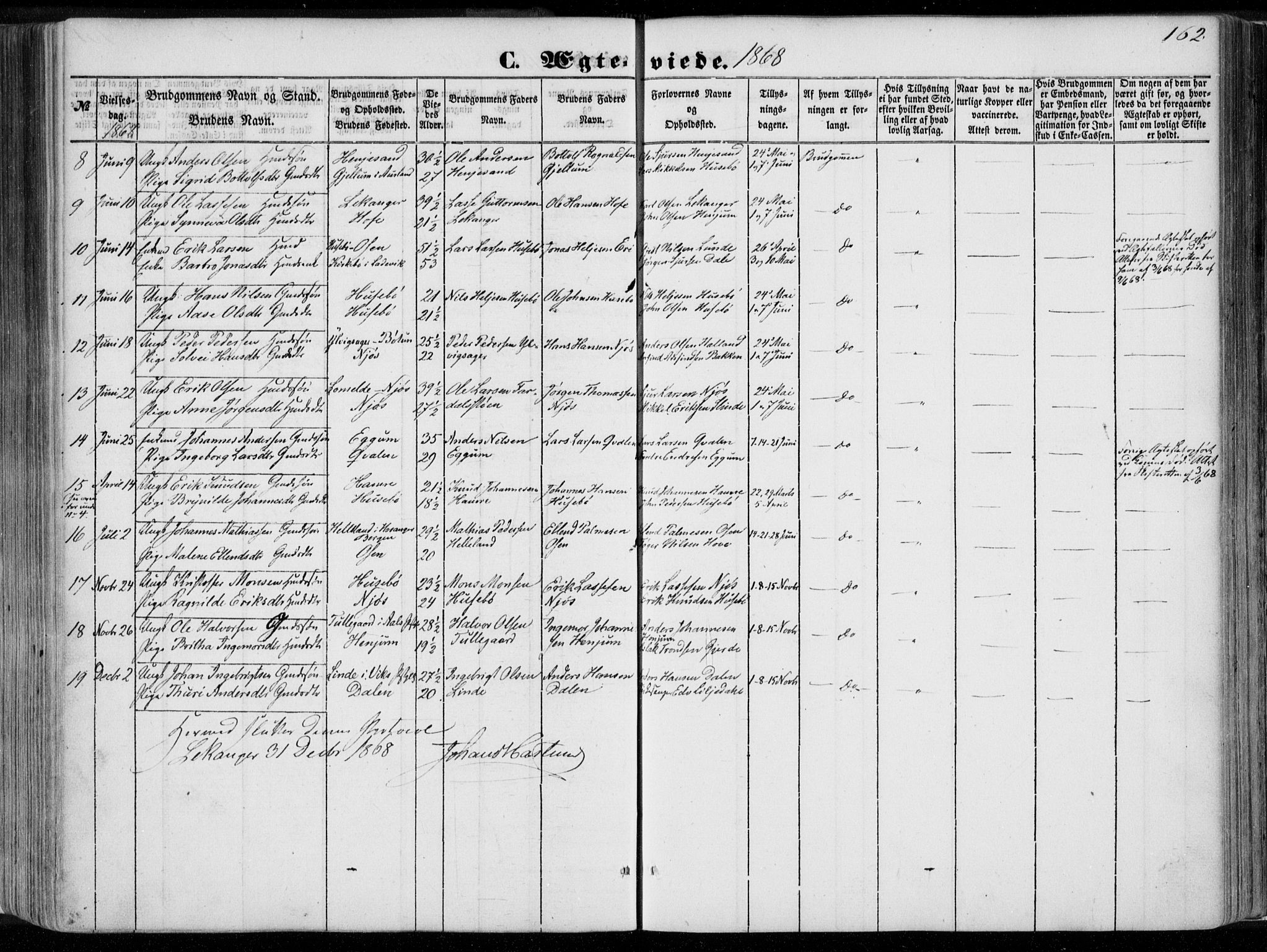 Leikanger sokneprestembete, SAB/A-81001: Parish register (official) no. A 8, 1852-1868, p. 162
