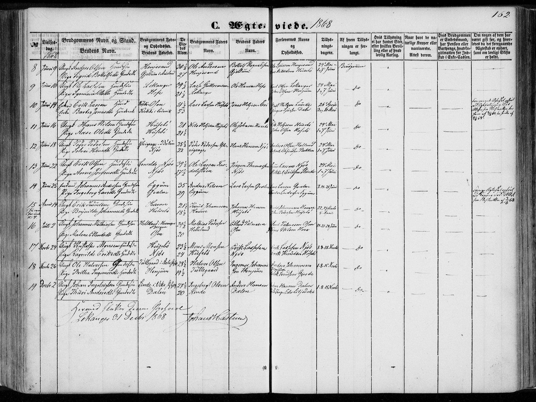 Leikanger sokneprestembete, AV/SAB-A-81001/H/Haa/Haaa/L0008: Parish register (official) no. A 8, 1852-1868, p. 162