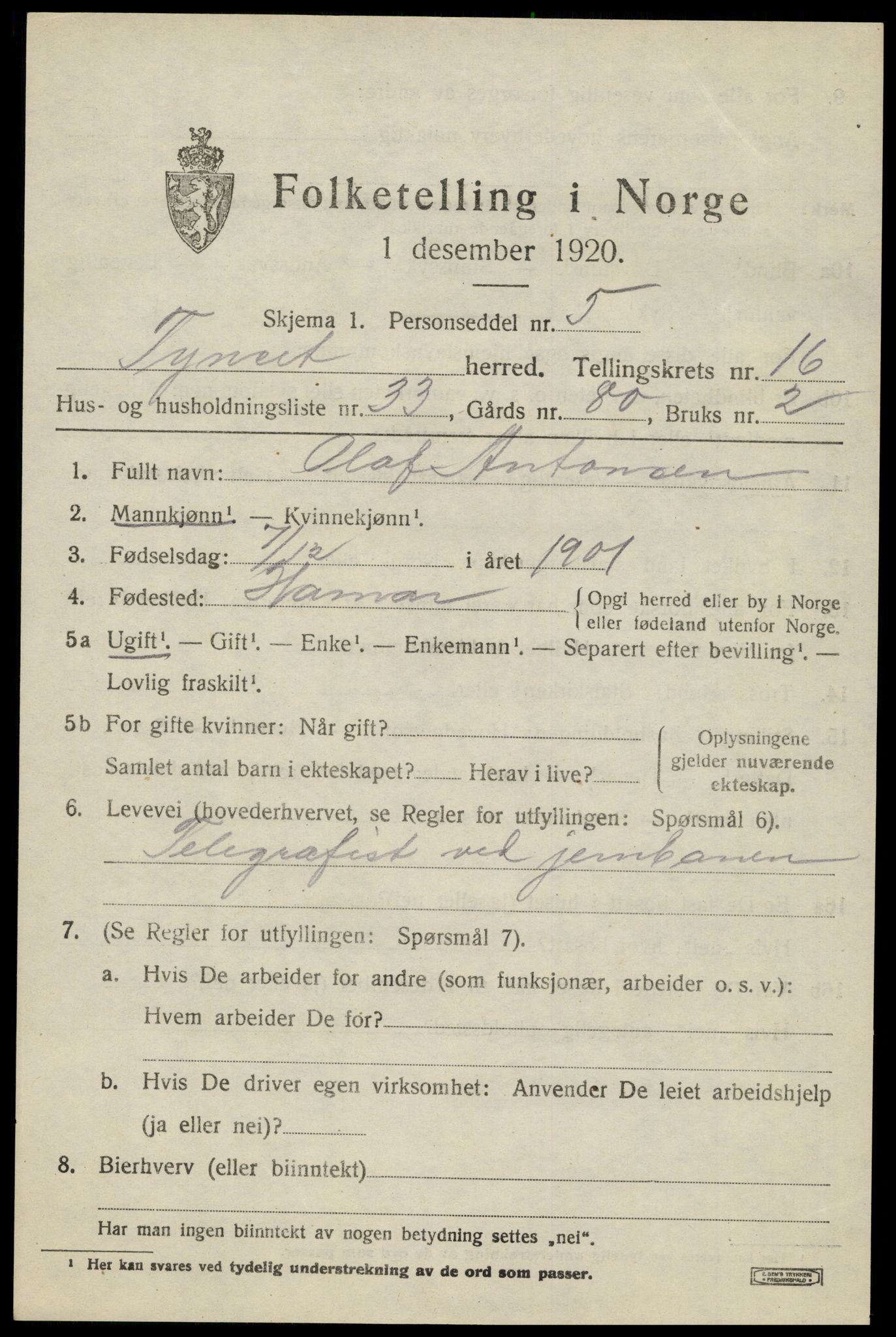 SAH, 1920 census for Tynset, 1920, p. 10052