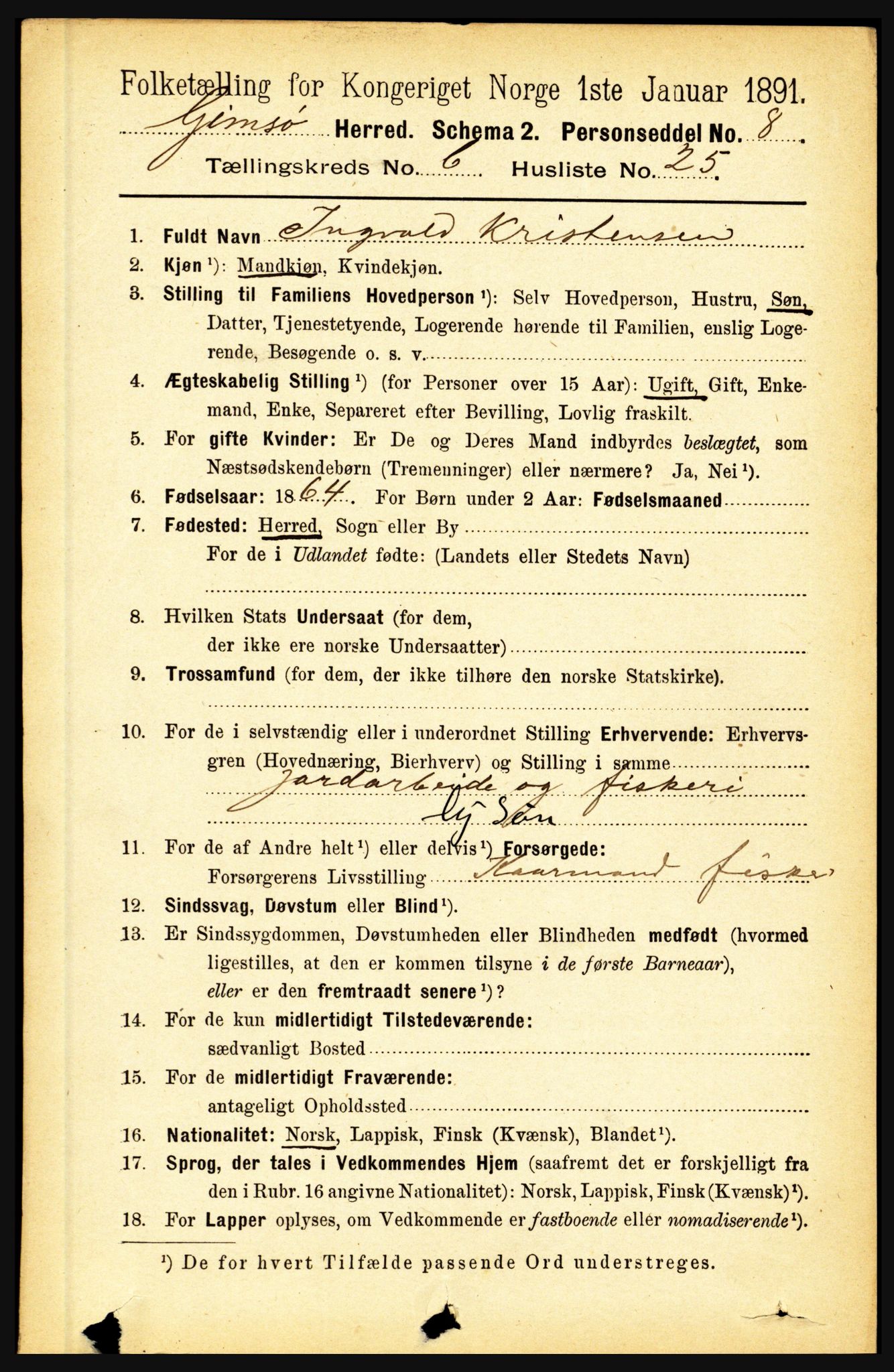 RA, 1891 census for 1864 Gimsøy, 1891, p. 1167