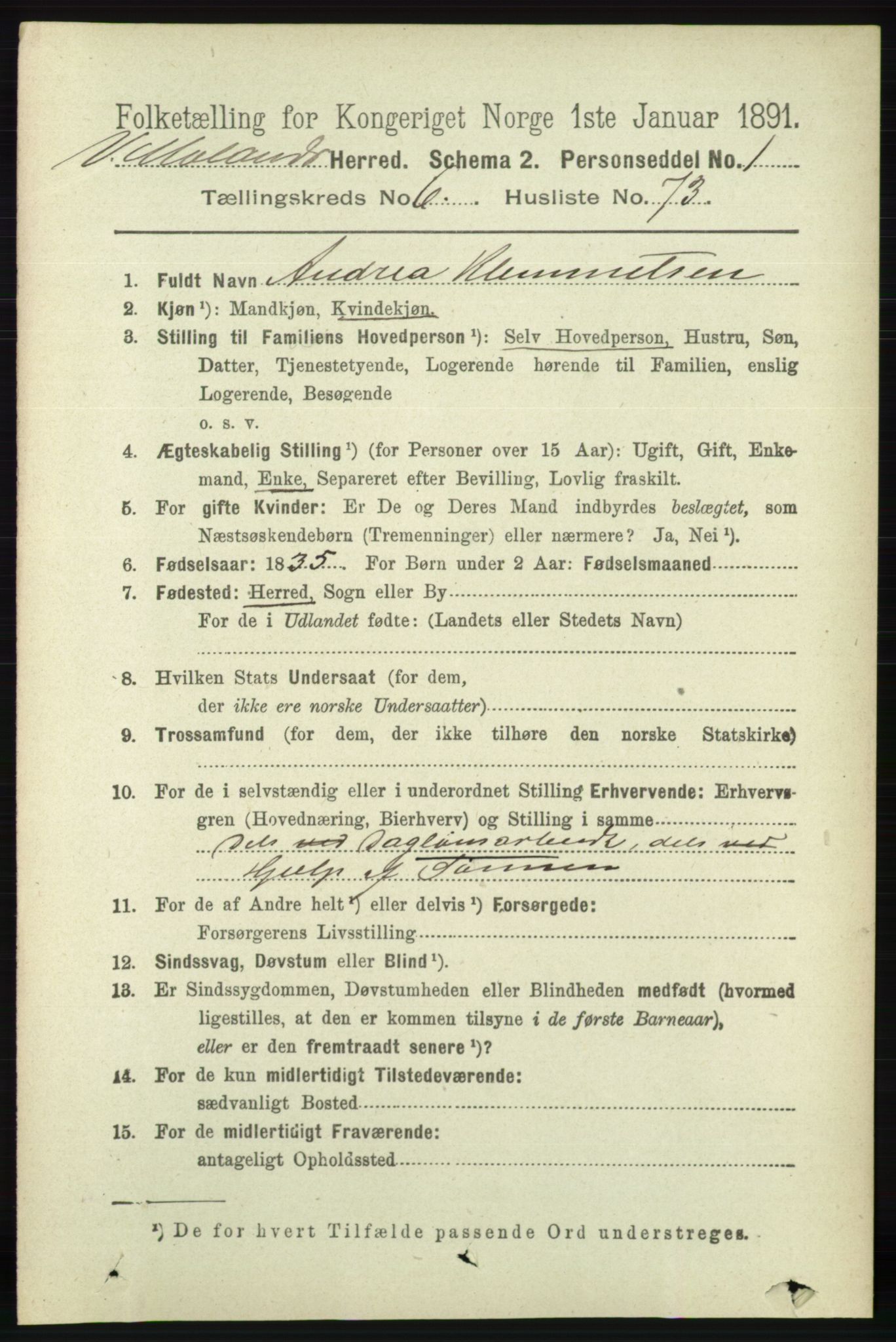 RA, 1891 census for 0926 Vestre Moland, 1891, p. 2755