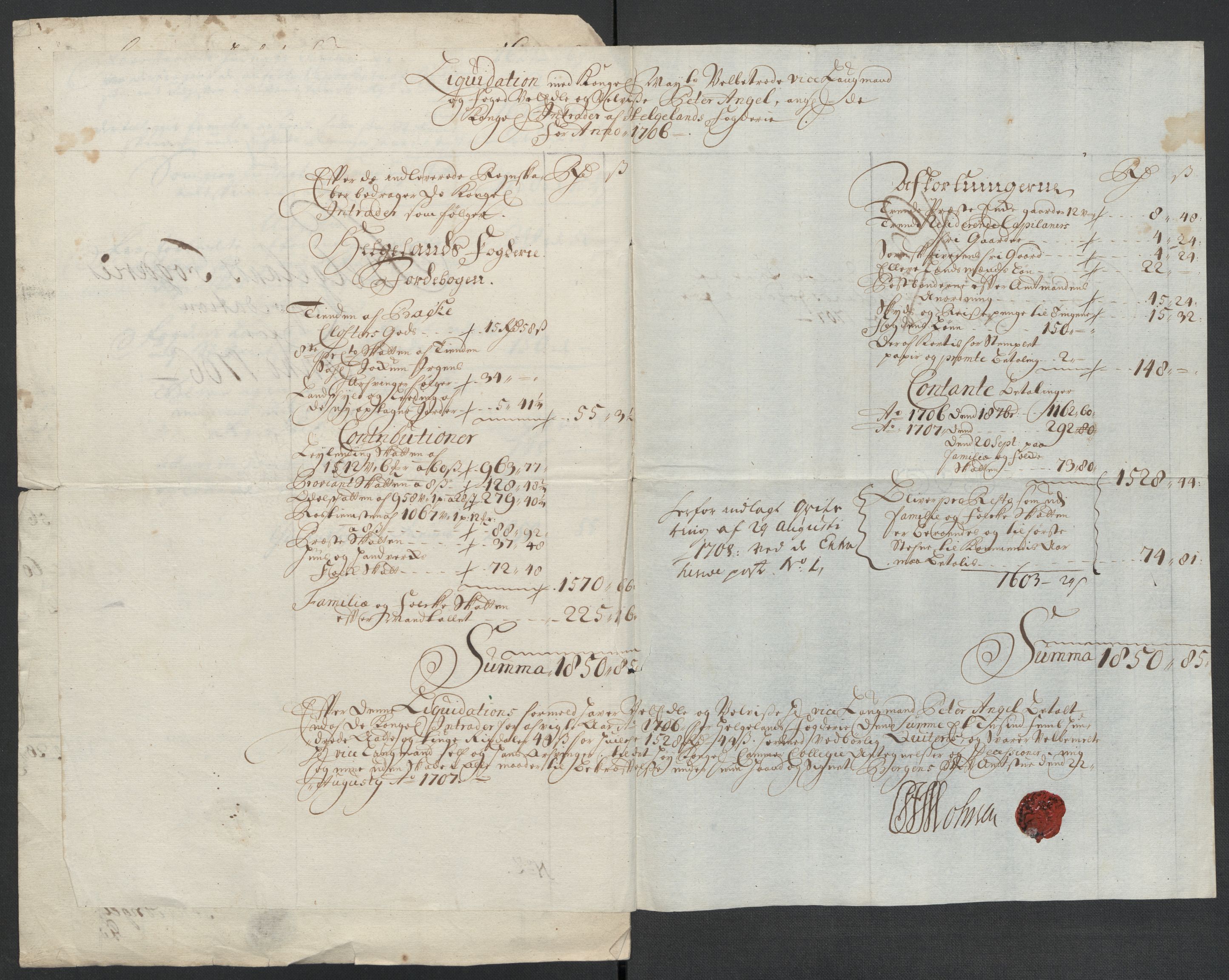 Rentekammeret inntil 1814, Reviderte regnskaper, Fogderegnskap, RA/EA-4092/R65/L4509: Fogderegnskap Helgeland, 1706-1707, p. 7