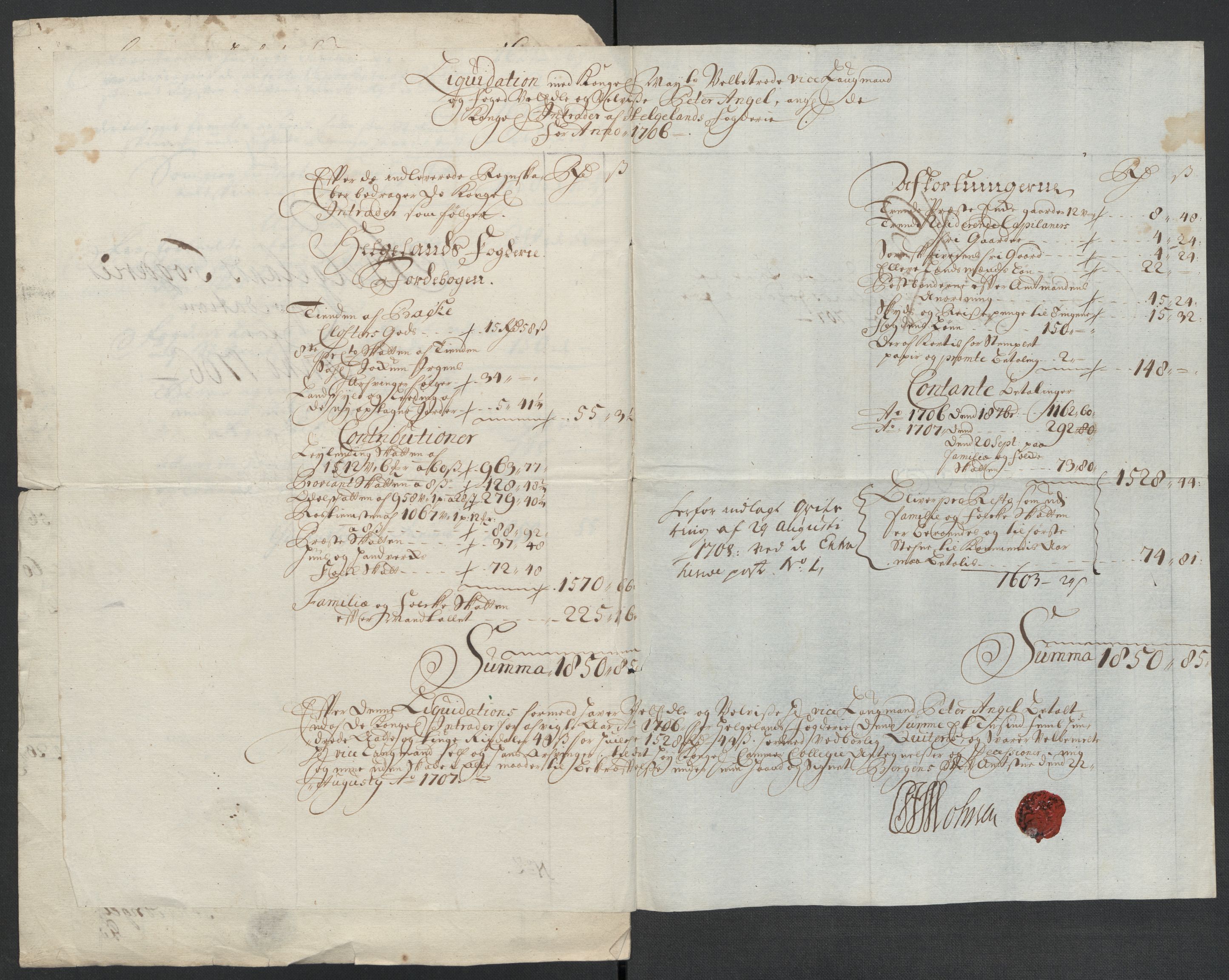 Rentekammeret inntil 1814, Reviderte regnskaper, Fogderegnskap, AV/RA-EA-4092/R65/L4509: Fogderegnskap Helgeland, 1706-1707, p. 7