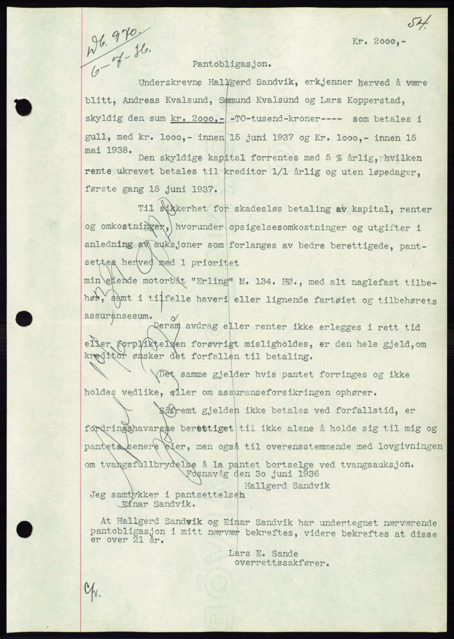 Søre Sunnmøre sorenskriveri, AV/SAT-A-4122/1/2/2C/L0061: Mortgage book no. 55, 1936-1936, Diary no: : 970/1936