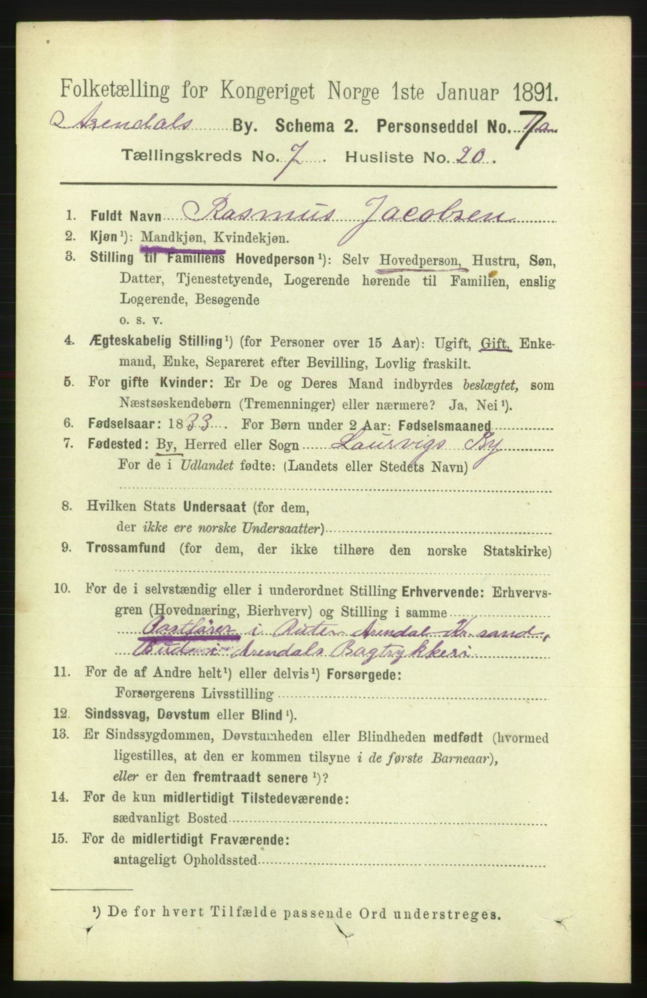 RA, 1891 census for 0903 Arendal, 1891, p. 2839