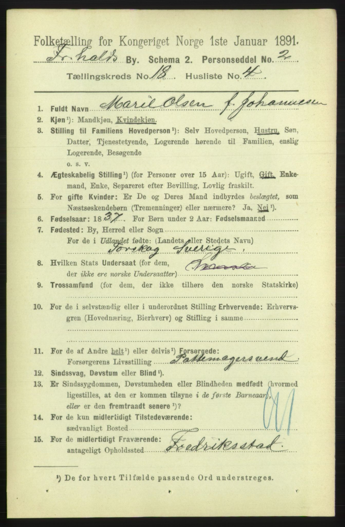 RA, 1891 census for 0101 Fredrikshald, 1891, p. 11380