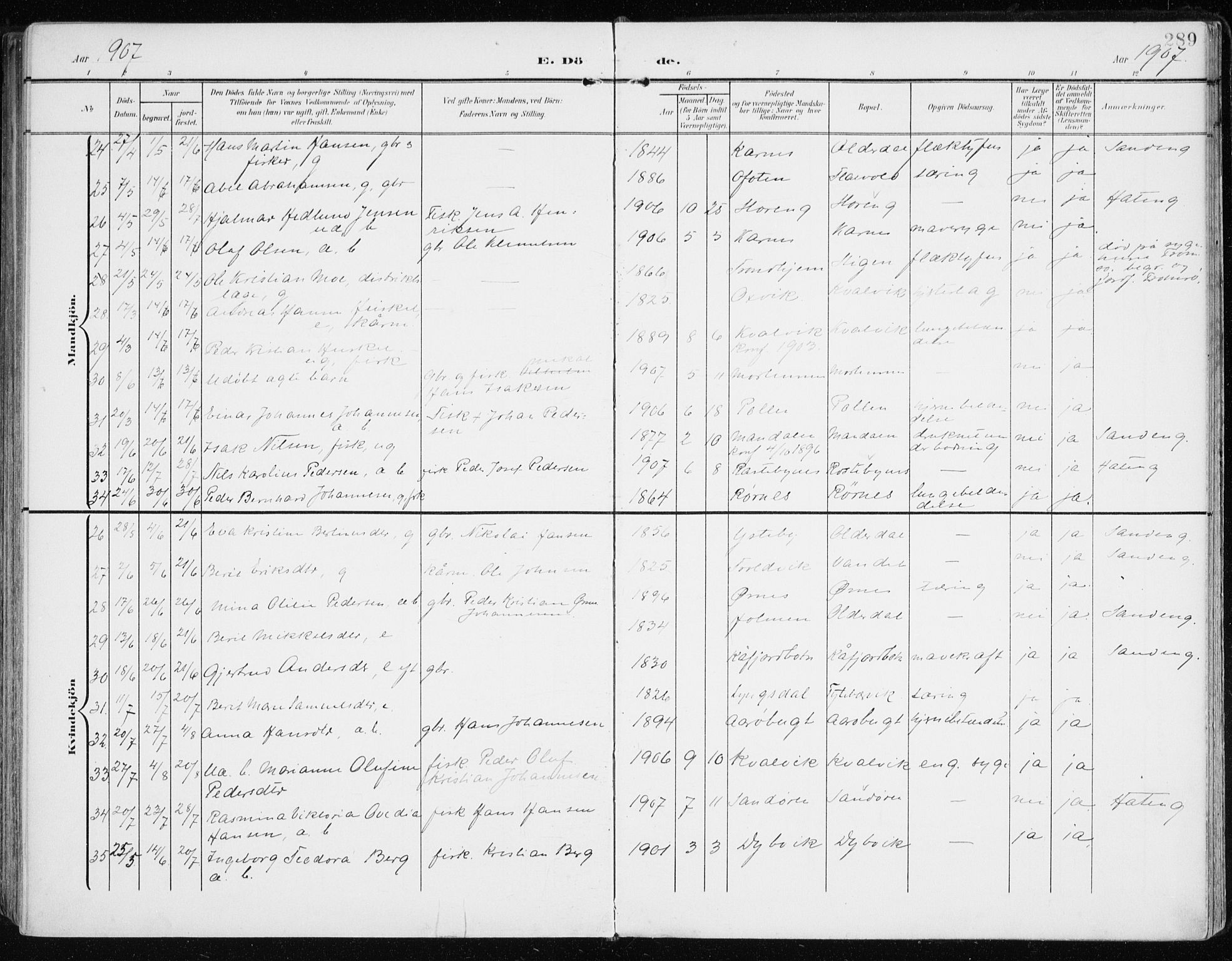 Lyngen sokneprestembete, SATØ/S-1289/H/He/Hea/L0011kirke: Parish register (official) no. 11, 1903-1913, p. 289