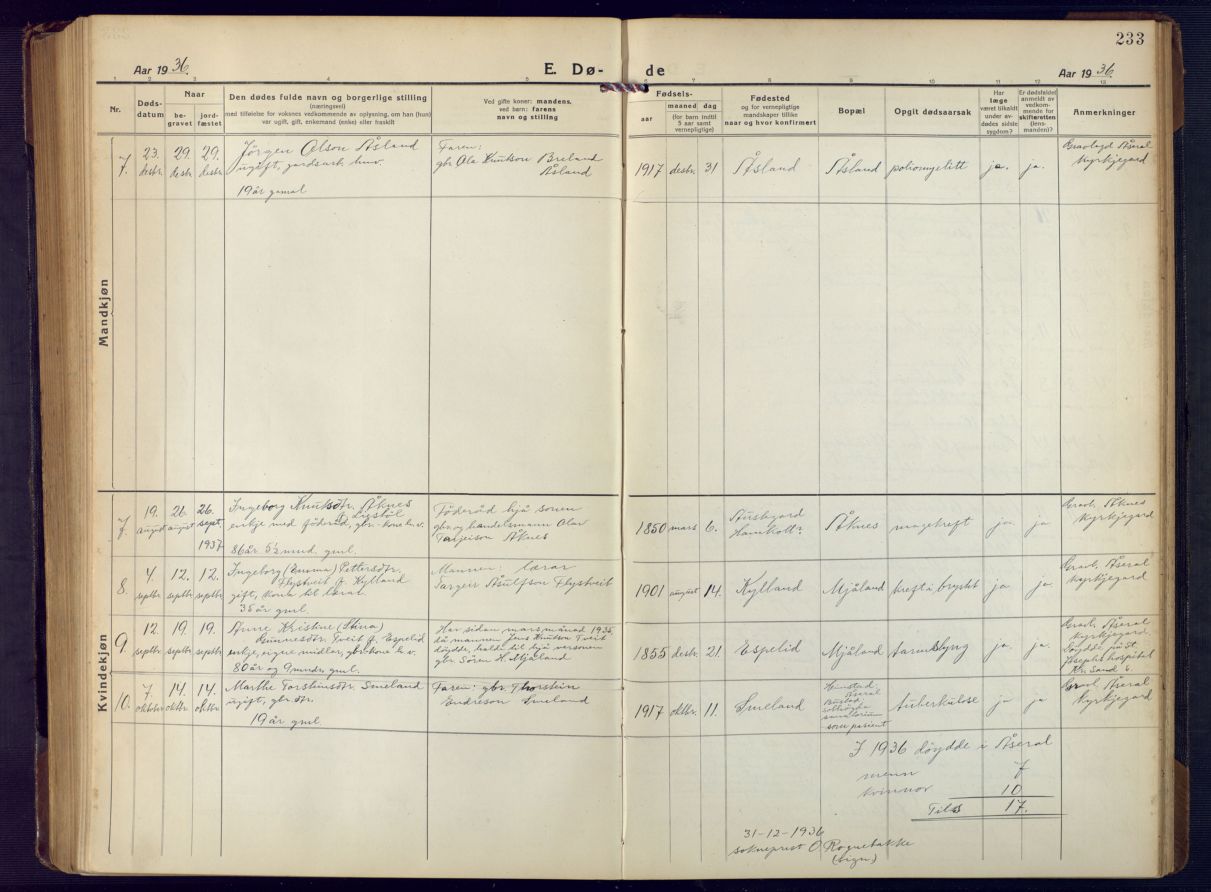 Åseral sokneprestkontor, SAK/1111-0051/F/Fb/L0004: Parish register (copy) no. B 4, 1920-1946, p. 233