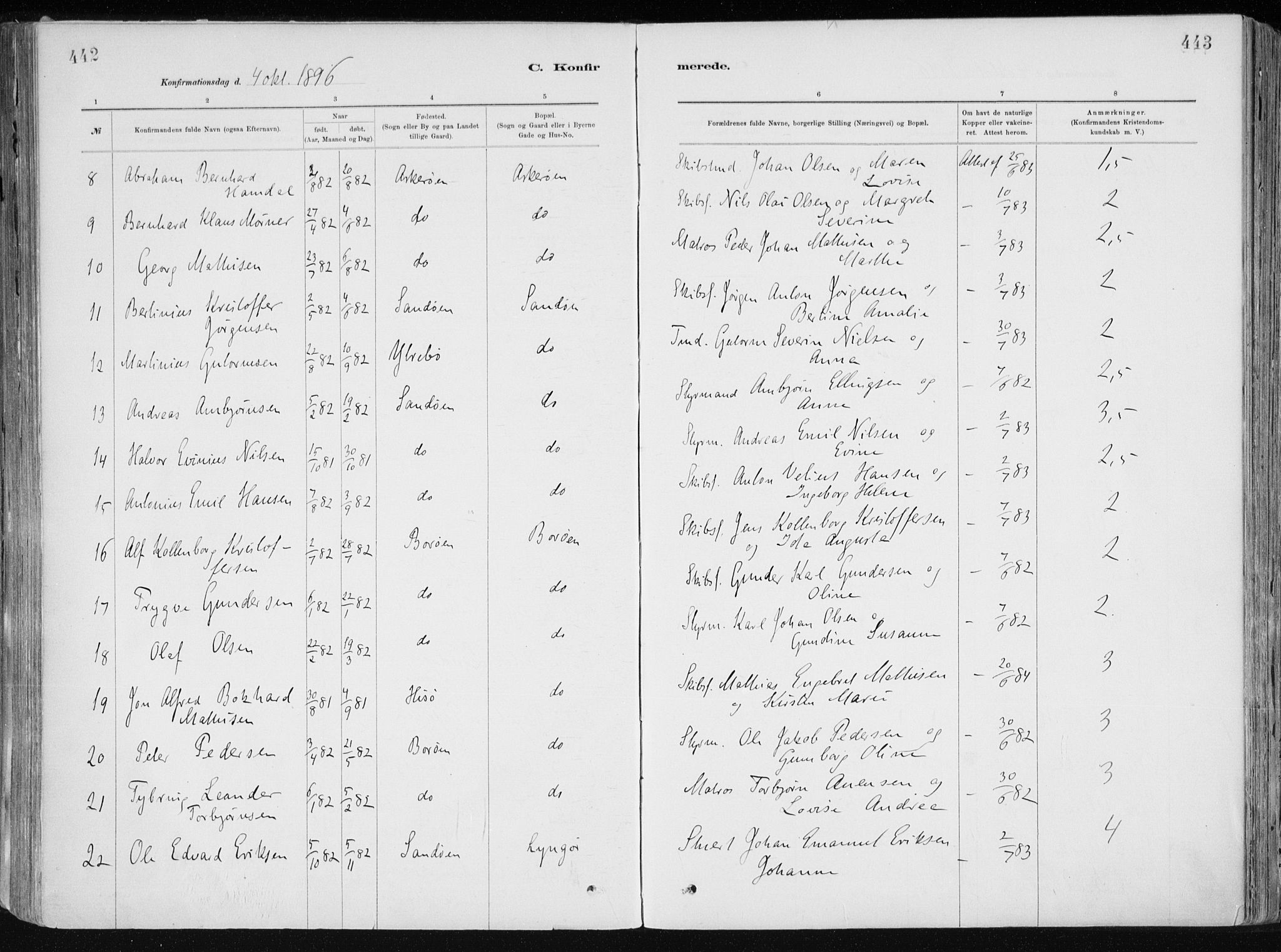Dypvåg sokneprestkontor, SAK/1111-0007/F/Fa/Faa/L0008: Parish register (official) no. A 8, 1885-1906, p. 442-443
