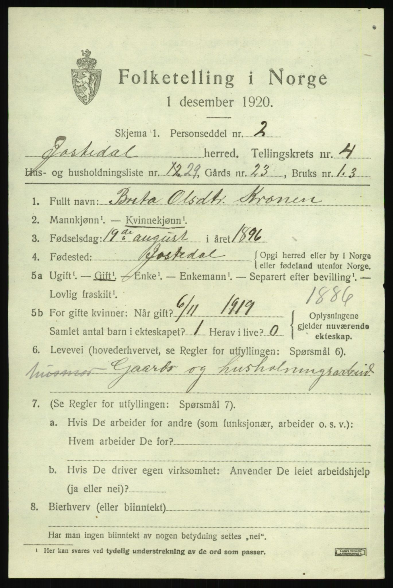 SAB, 1920 census for Jostedal, 1920, p. 1902