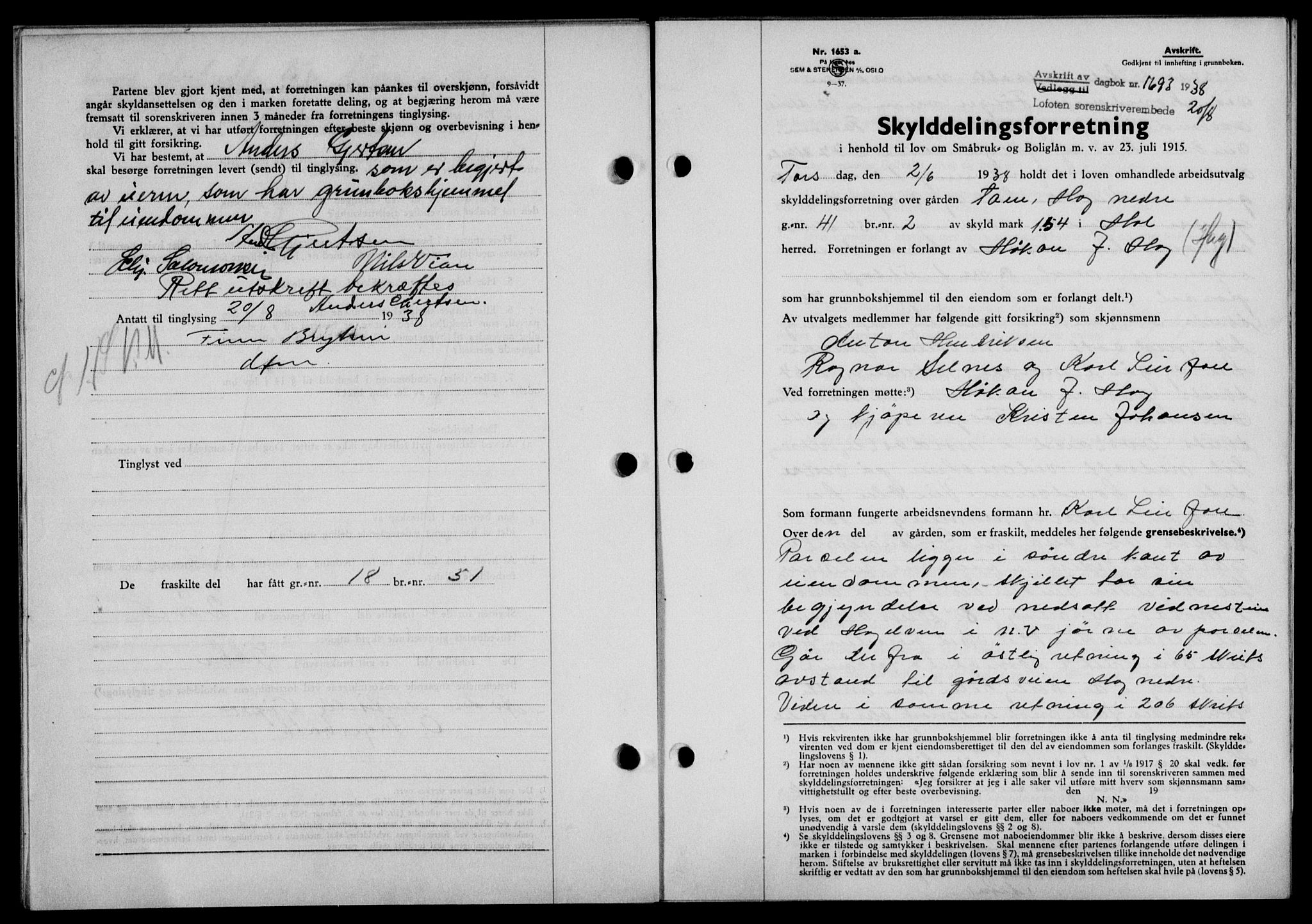 Lofoten sorenskriveri, SAT/A-0017/1/2/2C/L0004a: Mortgage book no. 4a, 1938-1938, Diary no: : 1693/1938