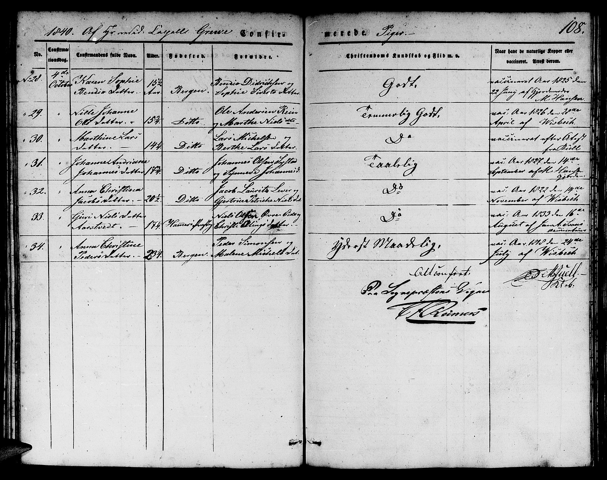 Domkirken sokneprestembete, AV/SAB-A-74801/H/Hab/L0022: Parish register (copy) no. C 2, 1839-1854, p. 108