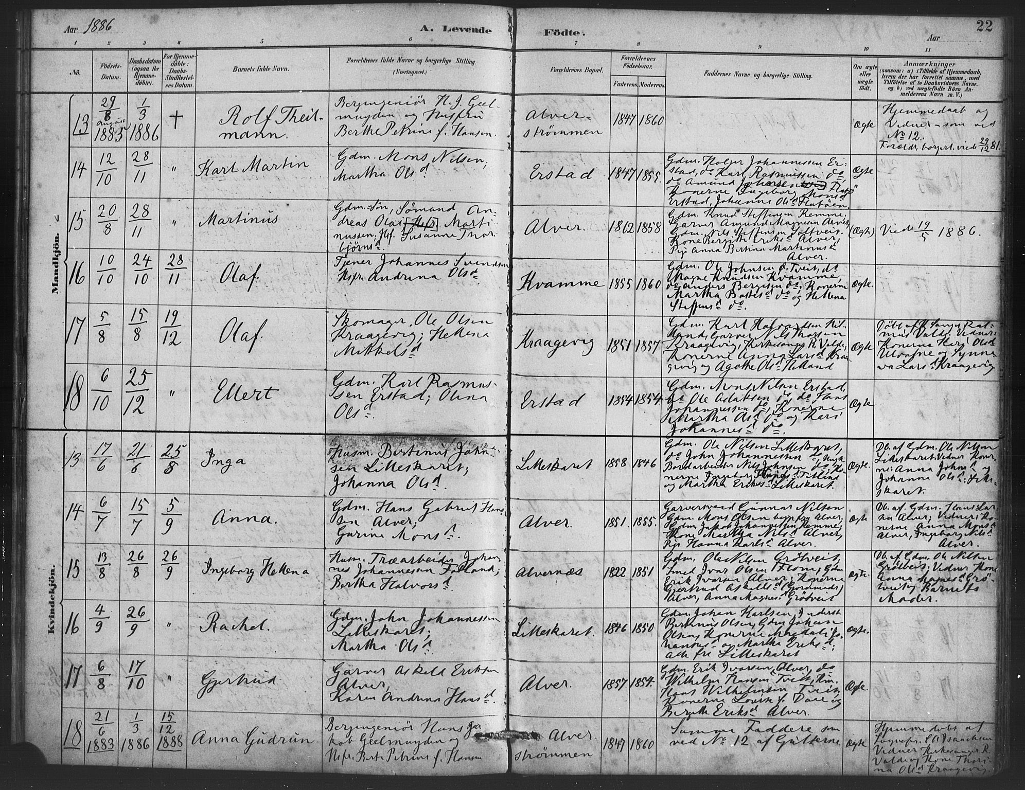 Alversund Sokneprestembete, AV/SAB-A-73901/H/Ha/Haa/Haaa/L0001: Parish register (official) no. A 1, 1882-1896, p. 22