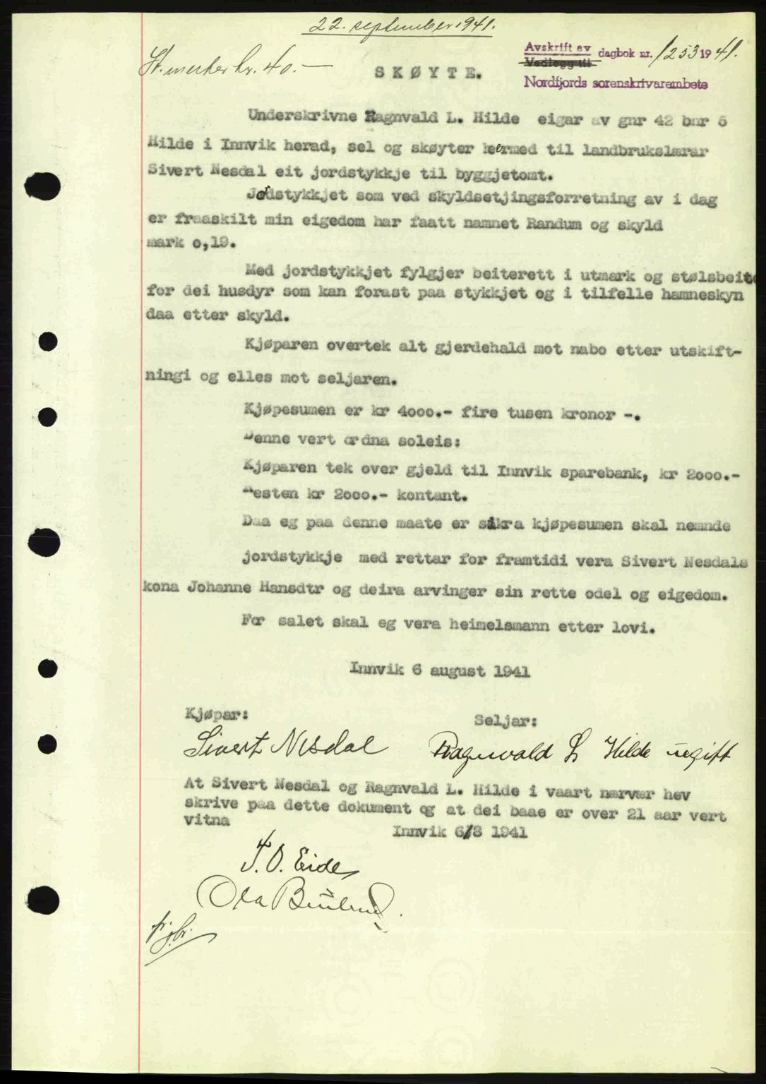 Nordfjord sorenskriveri, AV/SAB-A-2801/02/02b/02bj/L0006: Mortgage book no. A6, 1940-1941, Diary no: : 1253/1941