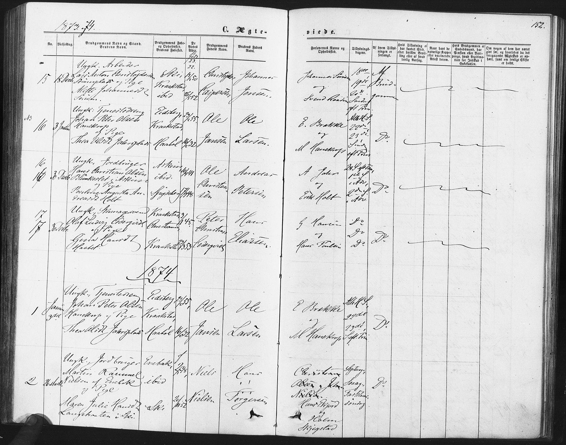 Kråkstad prestekontor Kirkebøker, AV/SAO-A-10125a/F/Fa/L0008: Parish register (official) no. I 8, 1870-1879, p. 152