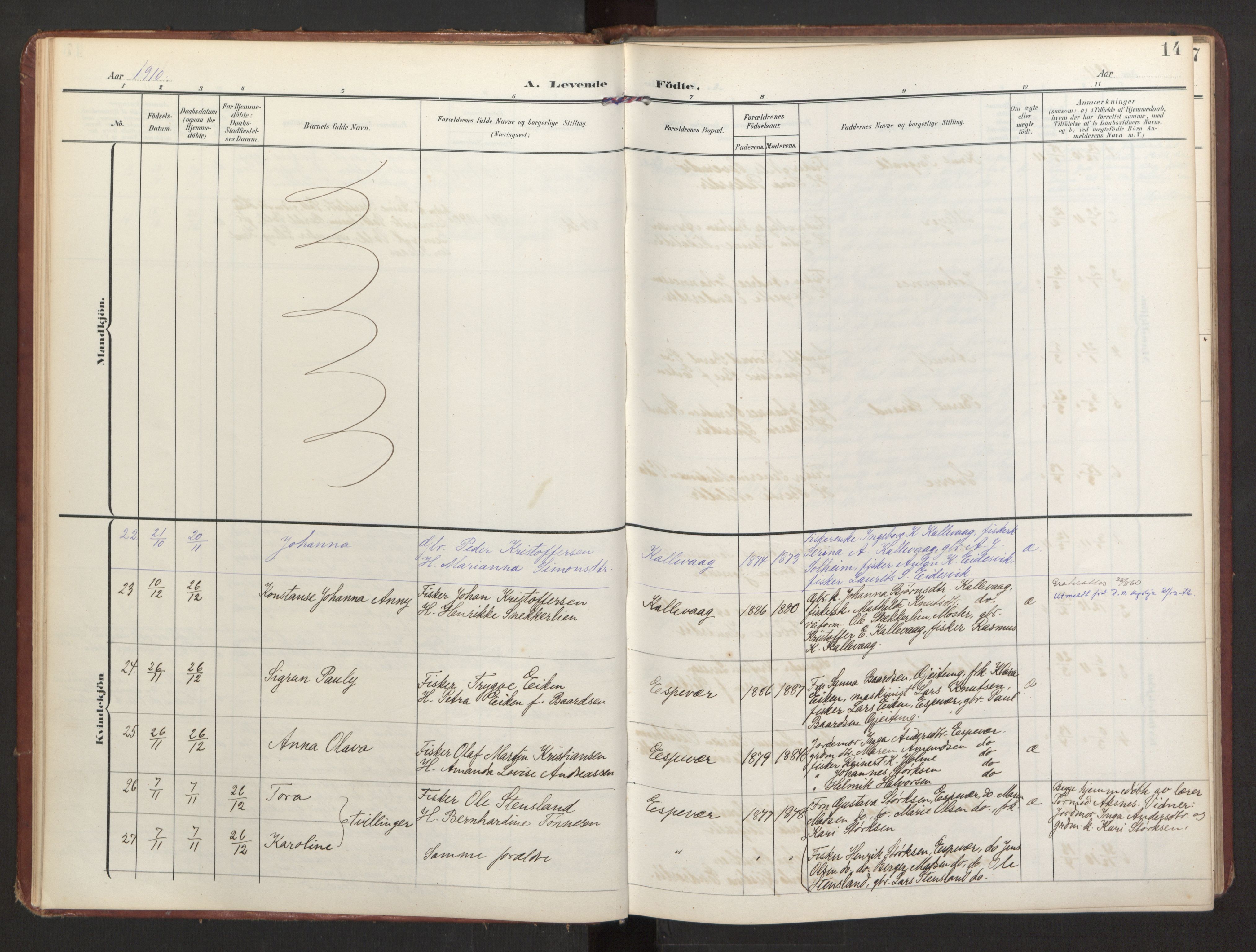 Finnås sokneprestembete, SAB/A-99925/H/Ha/Haa/Haad/L0003: Parish register (official) no. D 3, 1907-1921, p. 14