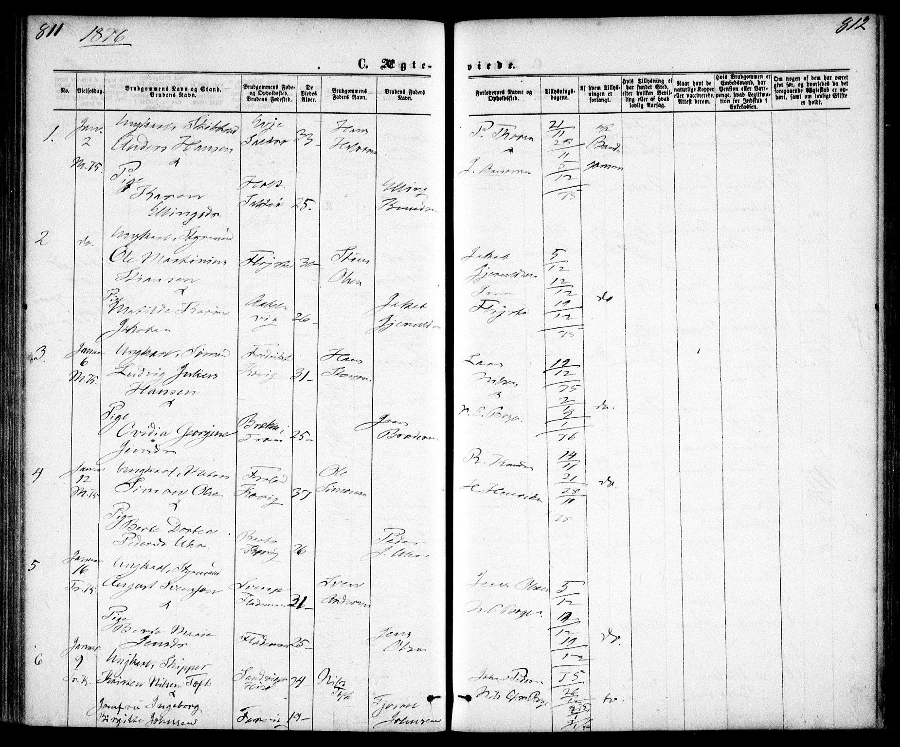 Tromøy sokneprestkontor, AV/SAK-1111-0041/F/Fa/L0008: Parish register (official) no. A 8, 1870-1877, p. 811-812