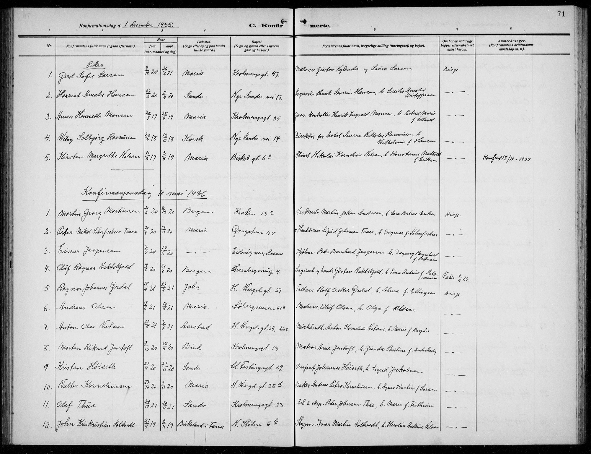 Mariakirken Sokneprestembete, AV/SAB-A-76901/H/Hab/L0010: Parish register (copy) no. A 10, 1920-1937, p. 71