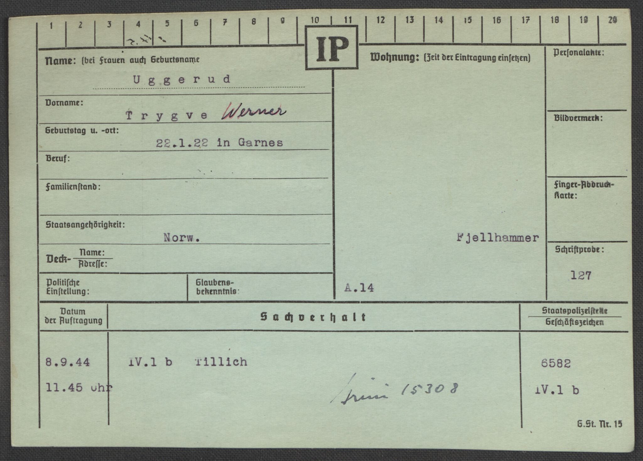 Befehlshaber der Sicherheitspolizei und des SD, RA/RAFA-5969/E/Ea/Eaa/L0010: Register over norske fanger i Møllergata 19: Sø-Å, 1940-1945, p. 614