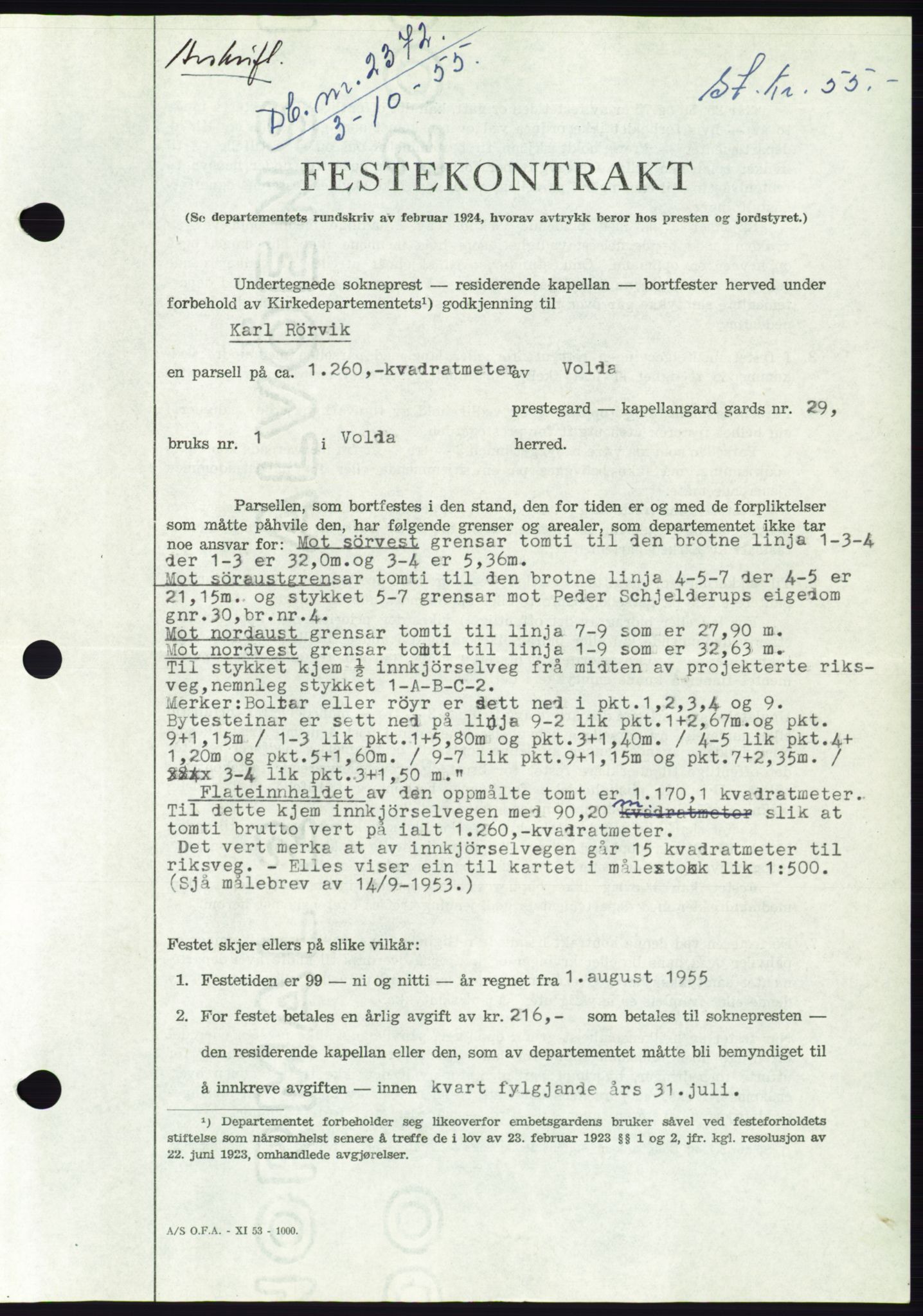 Søre Sunnmøre sorenskriveri, AV/SAT-A-4122/1/2/2C/L0102: Mortgage book no. 28A, 1955-1956, Diary no: : 2372/1955