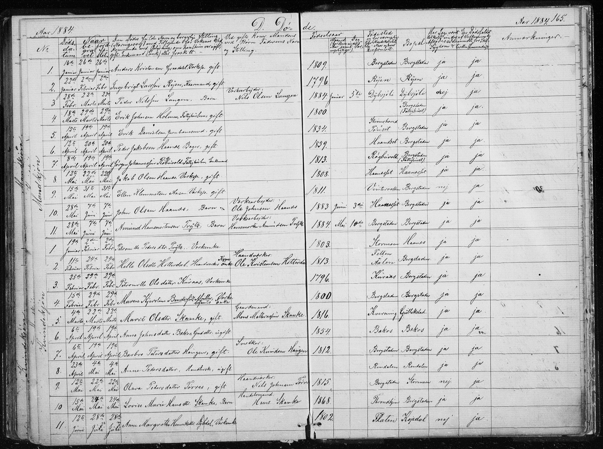 Ministerialprotokoller, klokkerbøker og fødselsregistre - Sør-Trøndelag, SAT/A-1456/681/L0940: Parish register (copy) no. 681C04, 1880-1895, p. 165