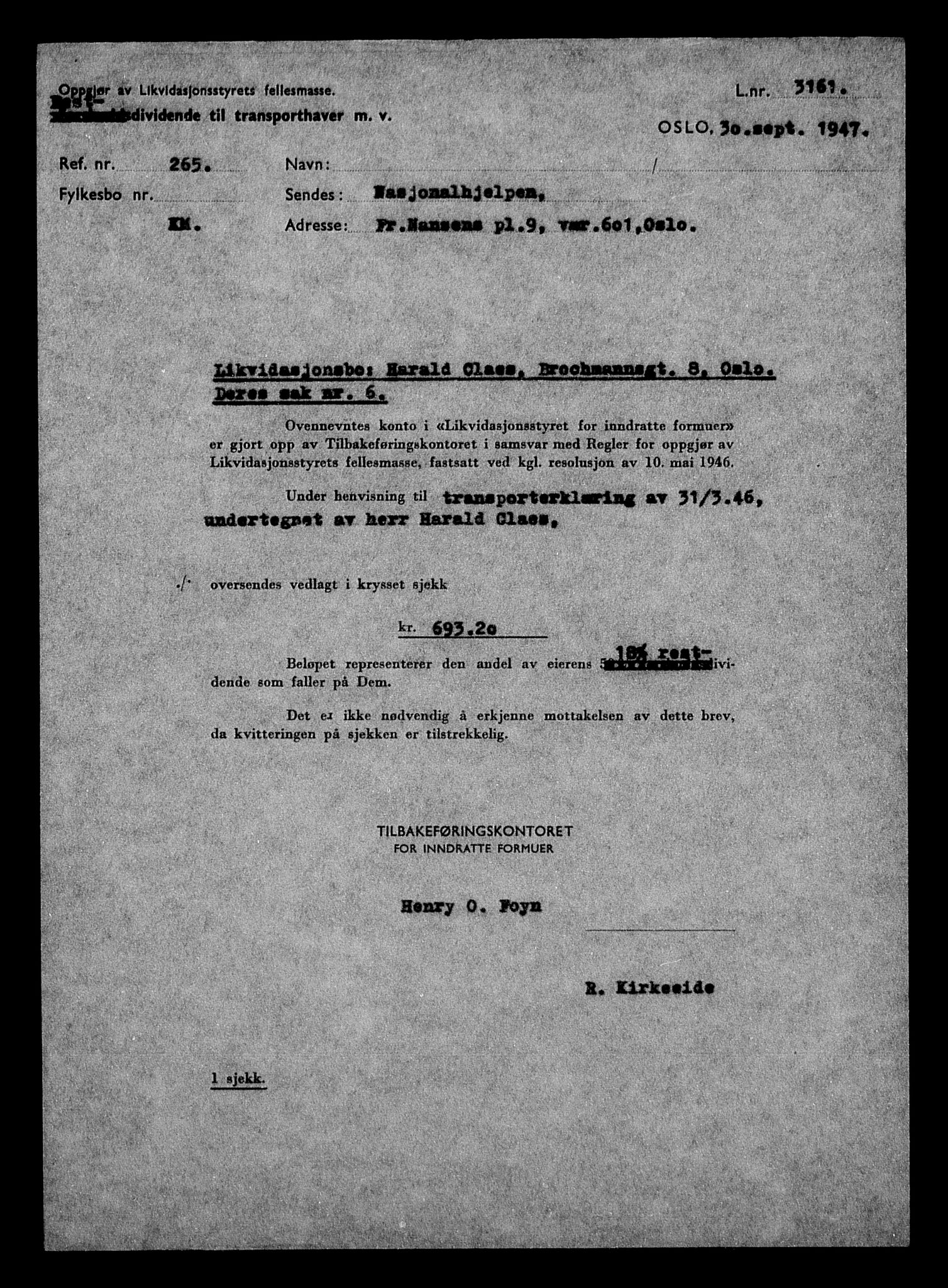 Justisdepartementet, Tilbakeføringskontoret for inndratte formuer, AV/RA-S-1564/H/Hc/Hcc/L0928: --, 1945-1947, p. 287