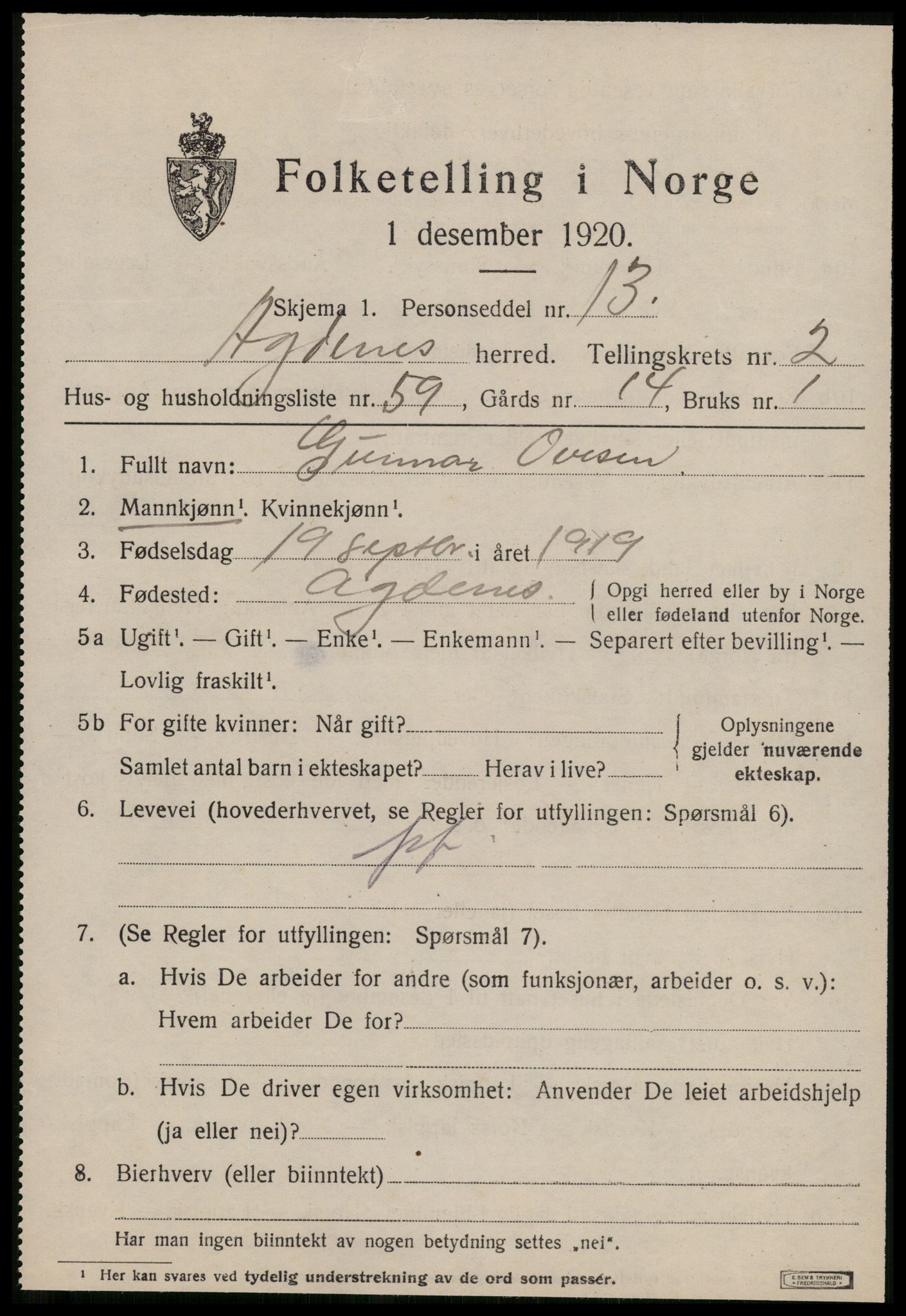 SAT, 1920 census for Agdenes, 1920, p. 1797