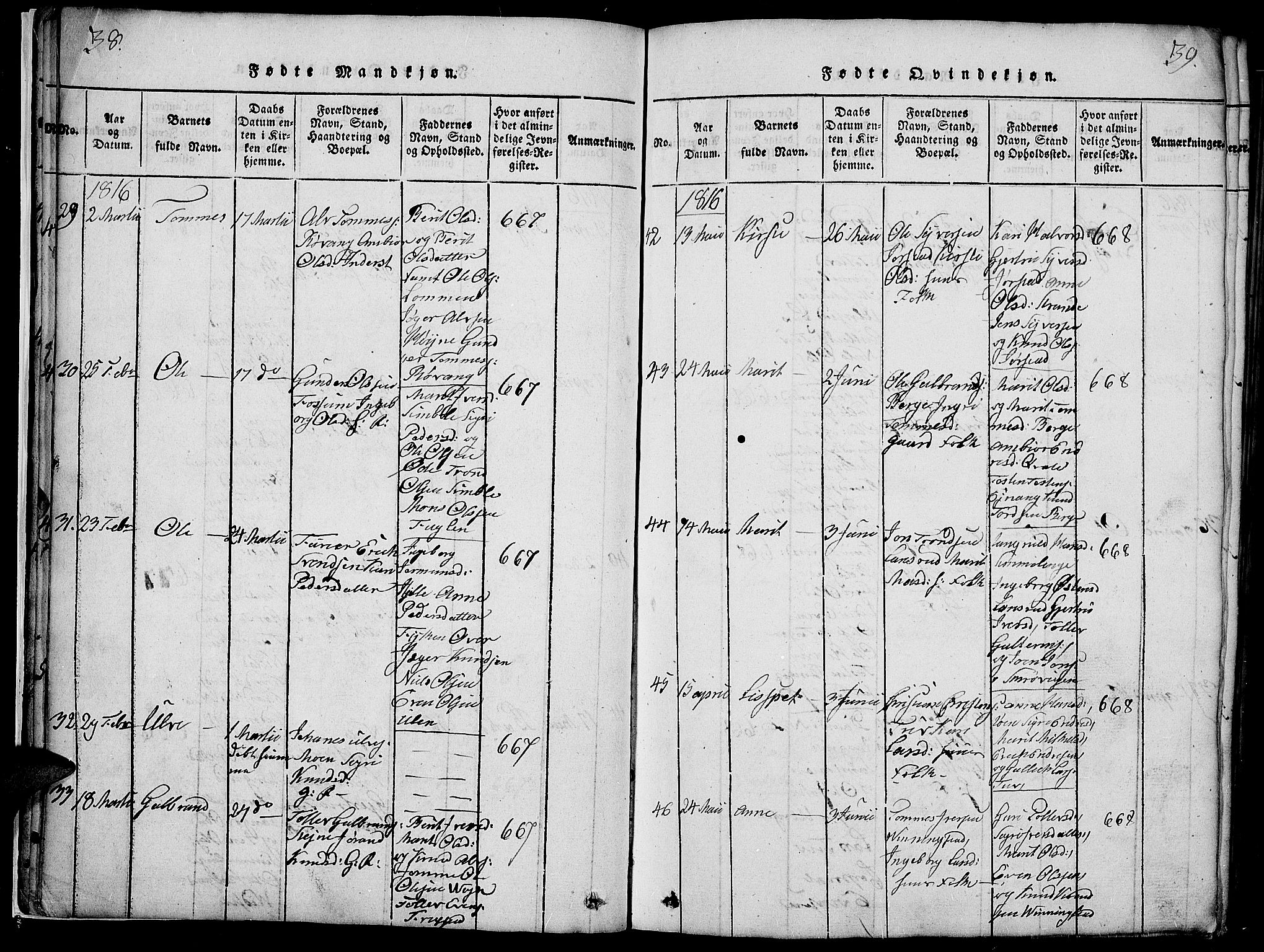 Slidre prestekontor, SAH/PREST-134/H/Ha/Haa/L0002: Parish register (official) no. 2, 1814-1830, p. 38-39