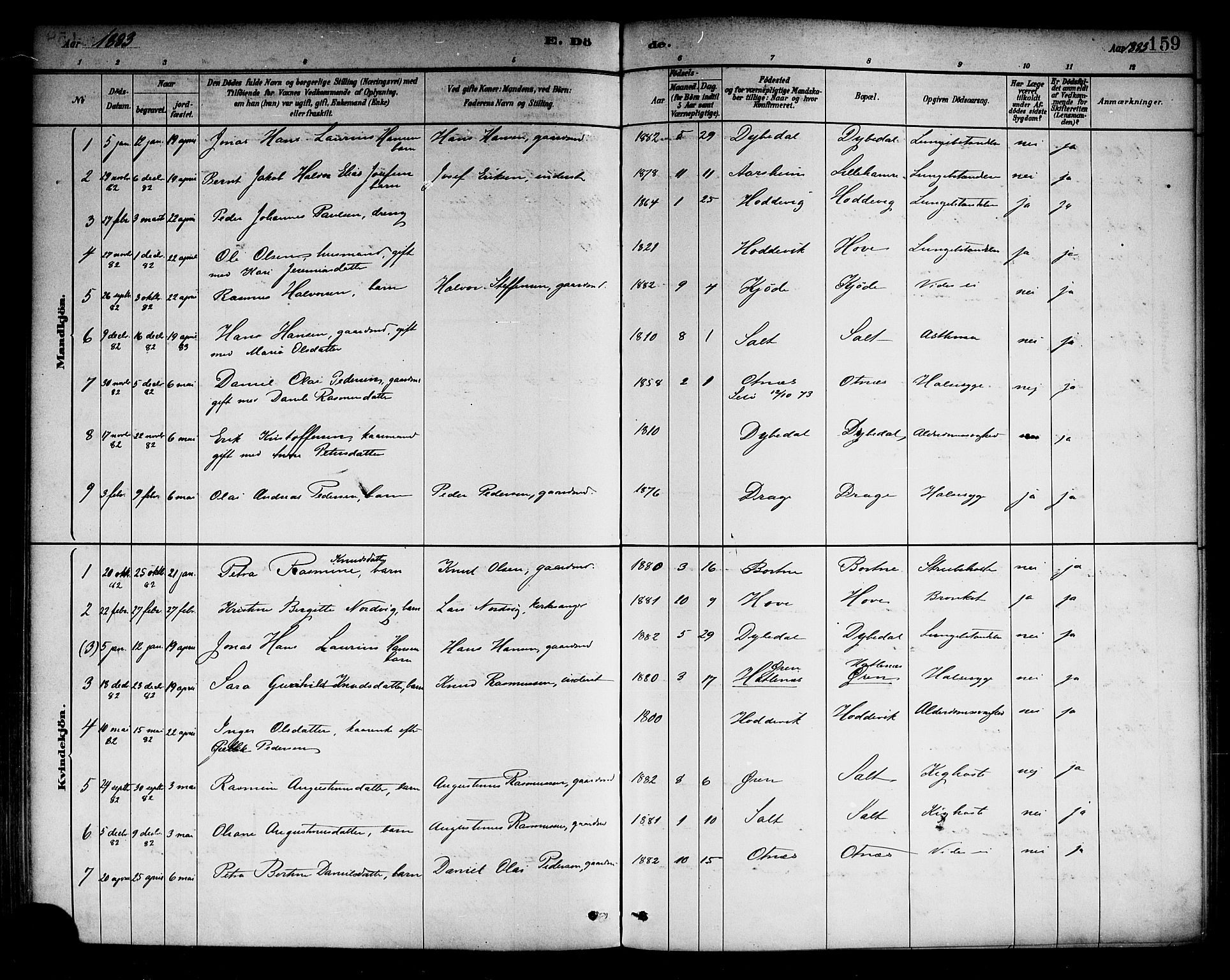 Selje sokneprestembete, SAB/A-99938/H/Ha/Haa/Haab: Parish register (official) no. B 1, 1881-1890, p. 159