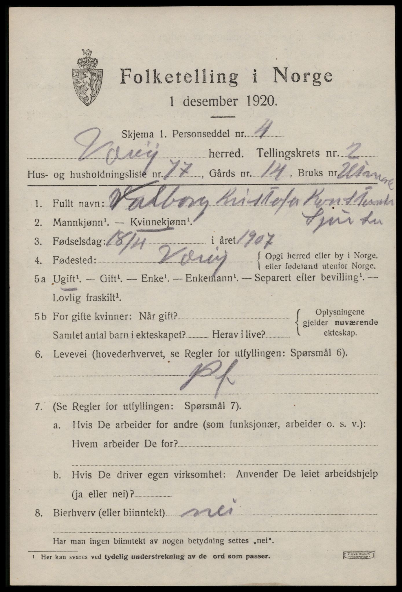 SAT, 1920 census for Værøy, 1920, p. 1919