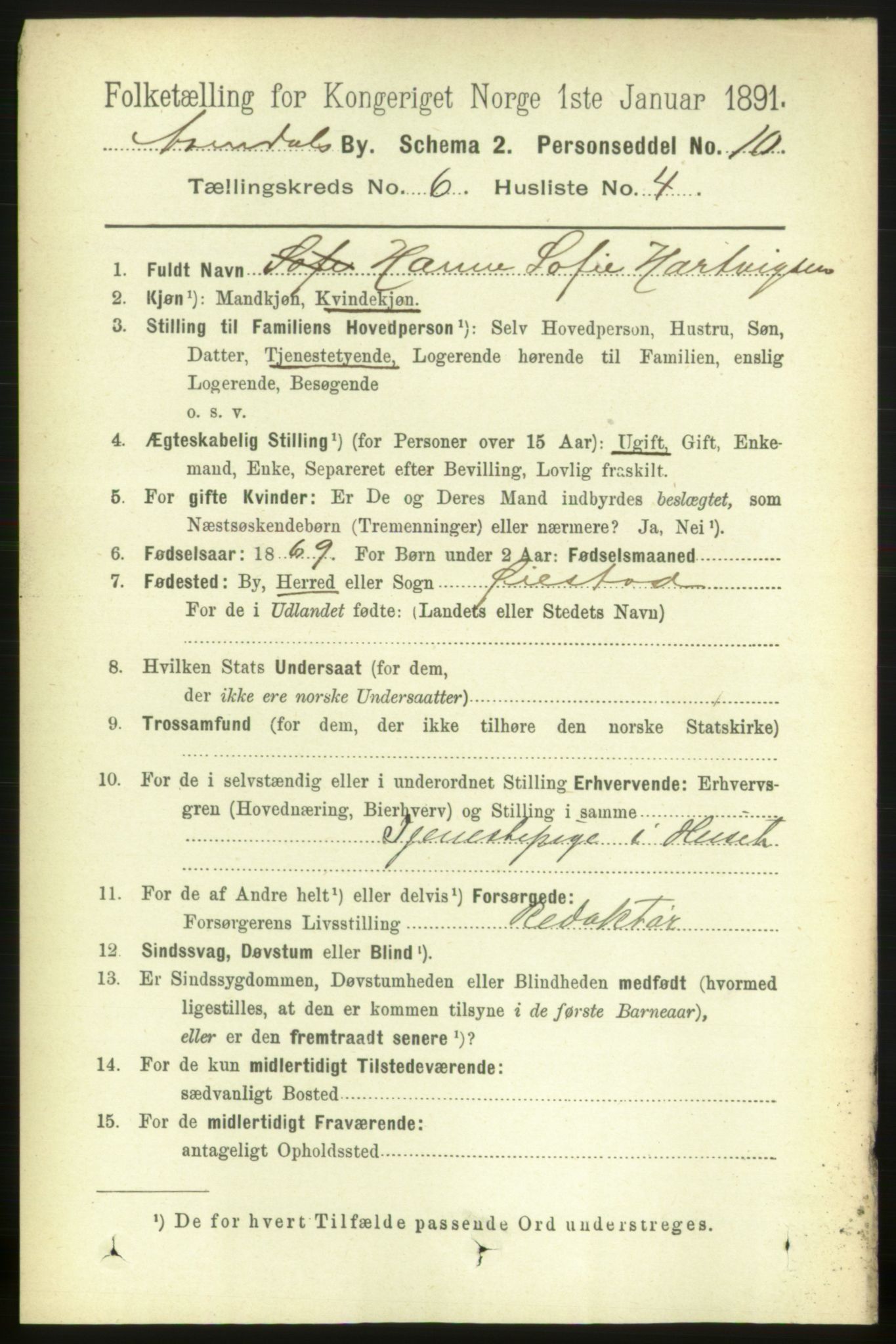 RA, 1891 census for 0903 Arendal, 1891, p. 2168