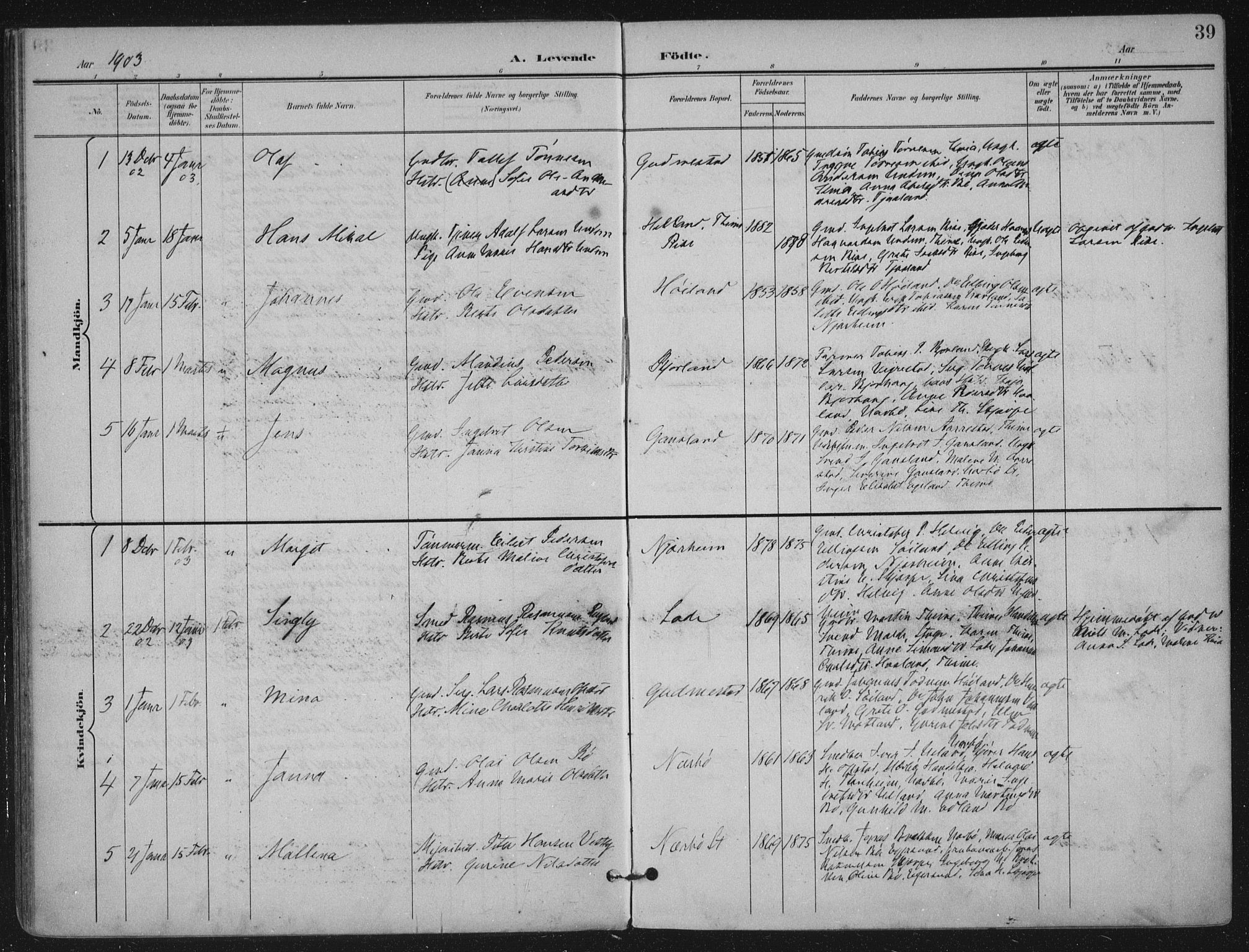 Hå sokneprestkontor, AV/SAST-A-101801/002/B/L0001: Parish register (official) no. A 11, 1897-1924, p. 39