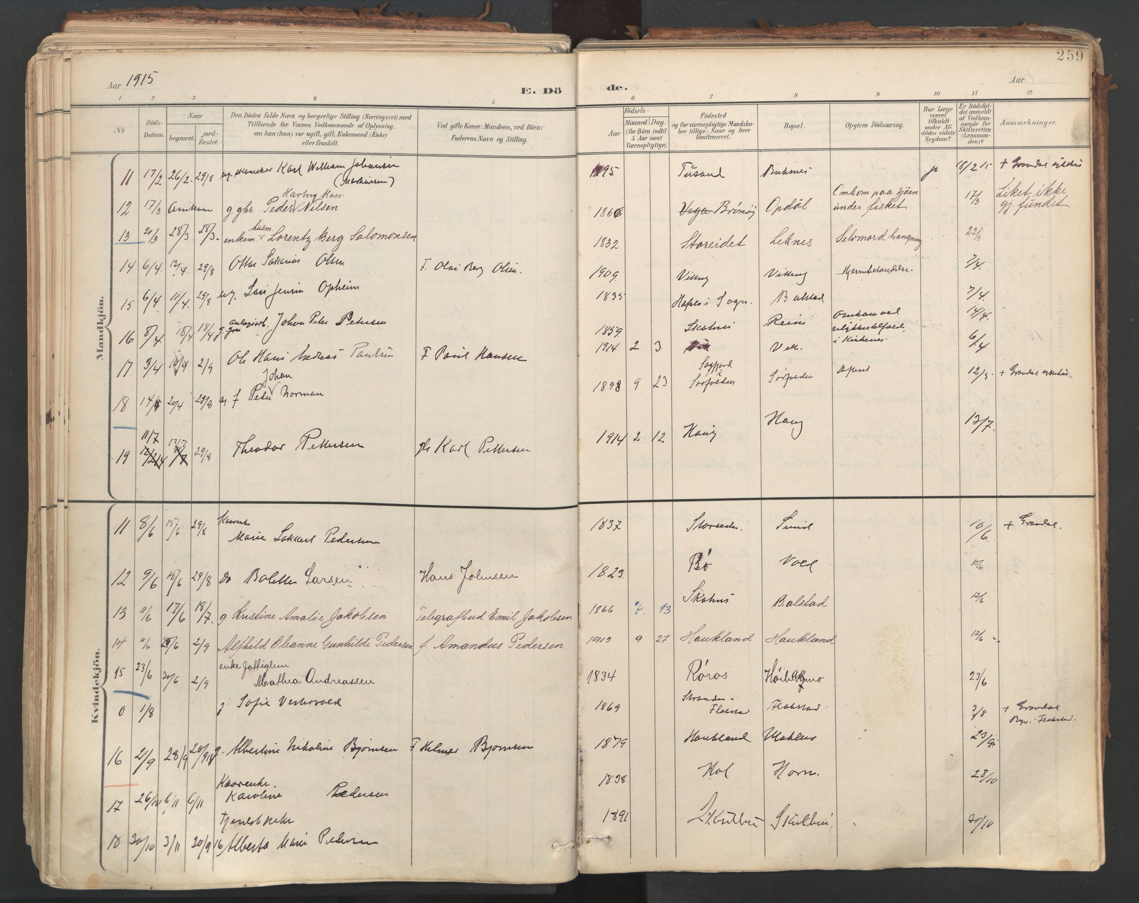 Ministerialprotokoller, klokkerbøker og fødselsregistre - Nordland, AV/SAT-A-1459/881/L1154: Parish register (official) no. 881A07, 1907-1918, p. 259