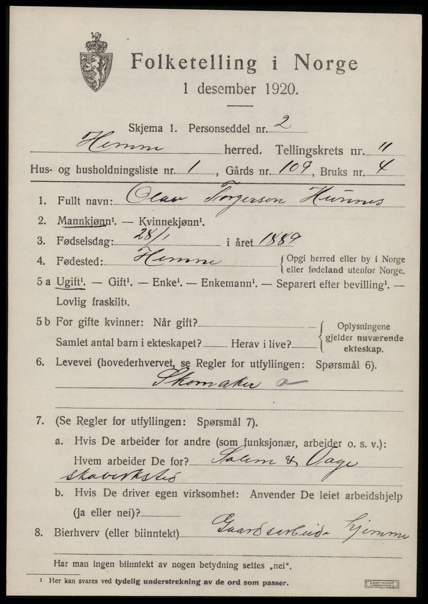 SAT, 1920 census for Hemne, 1920, p. 6508