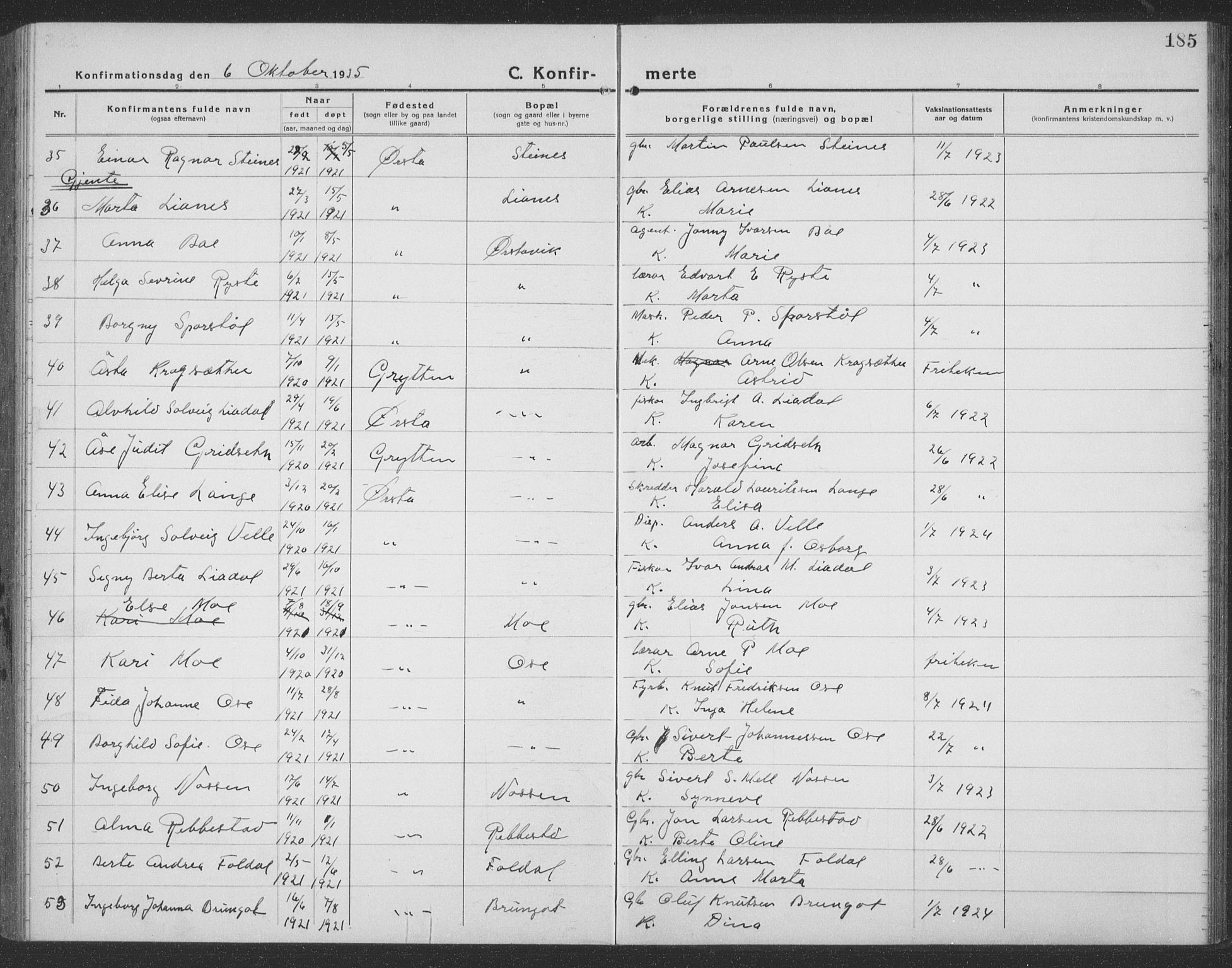 Ministerialprotokoller, klokkerbøker og fødselsregistre - Møre og Romsdal, AV/SAT-A-1454/513/L0191: Parish register (copy) no. 513C05, 1920-1941, p. 185