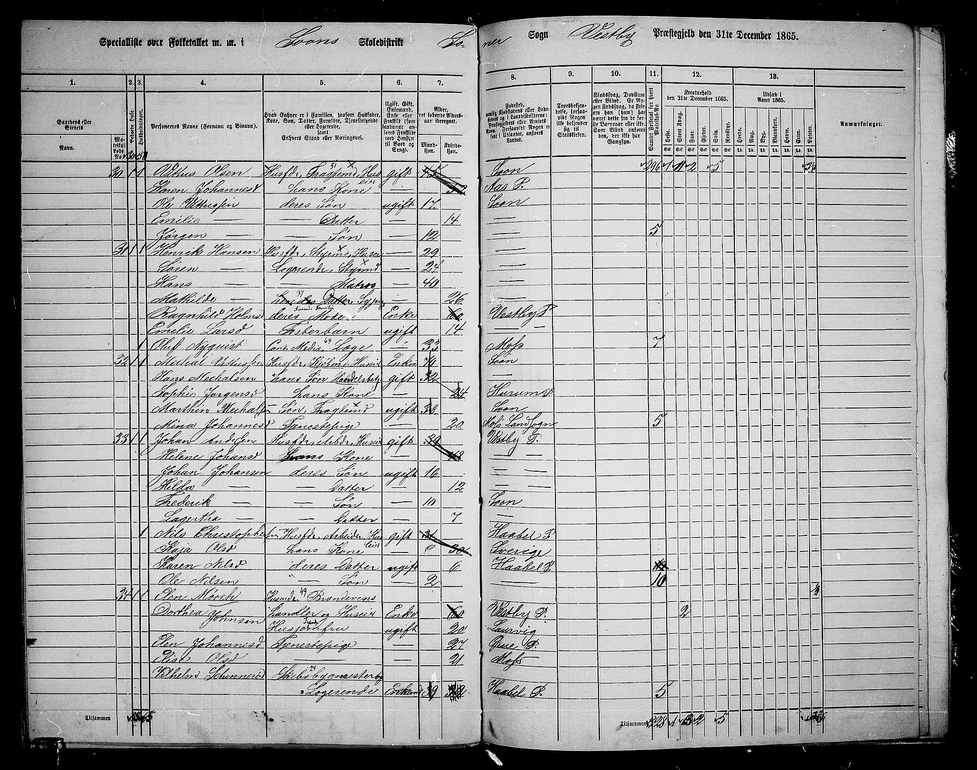 RA, 1865 census for Vestby, 1865, p. 159