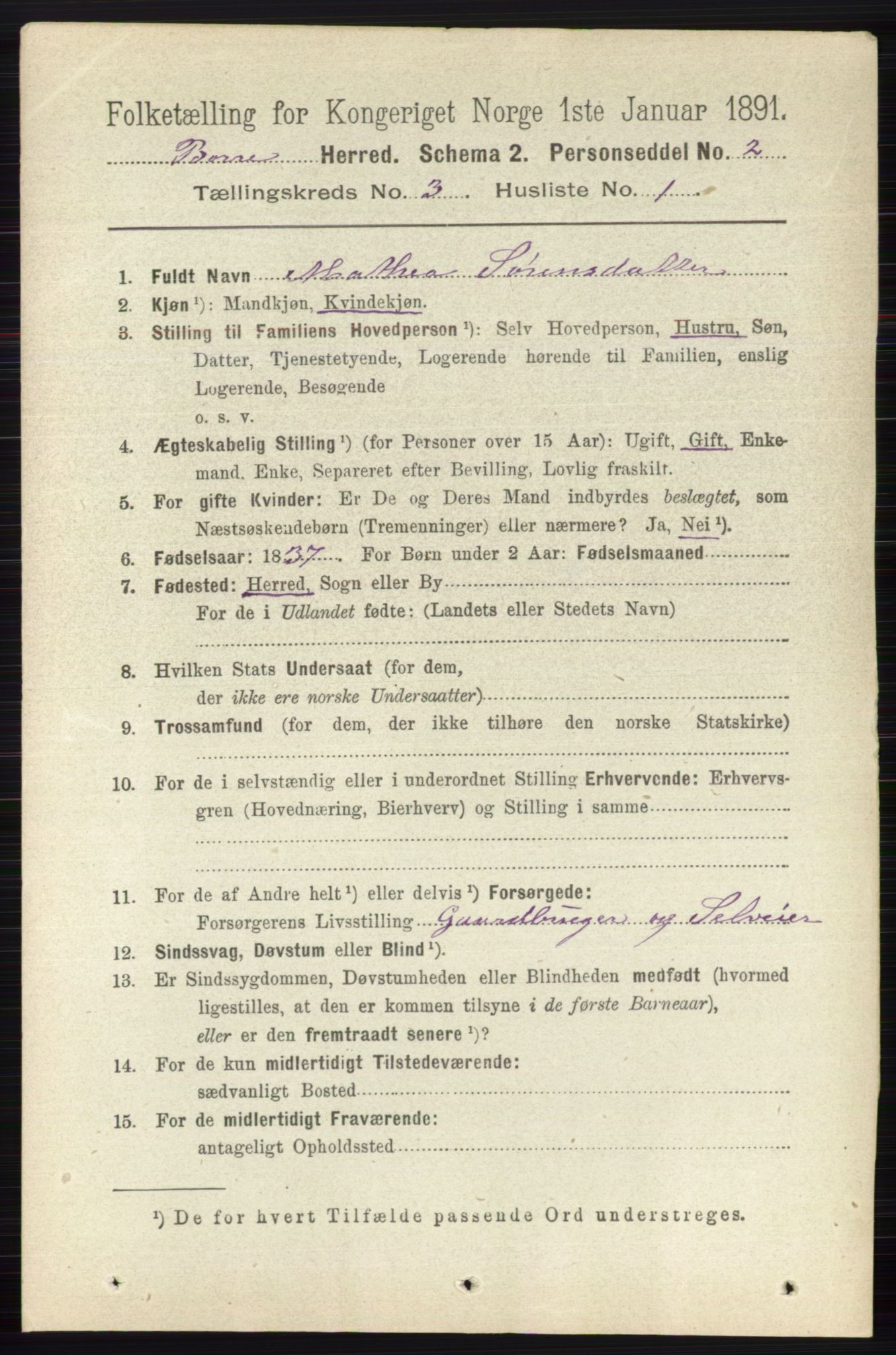 RA, 1891 census for 0717 Borre, 1891, p. 1216