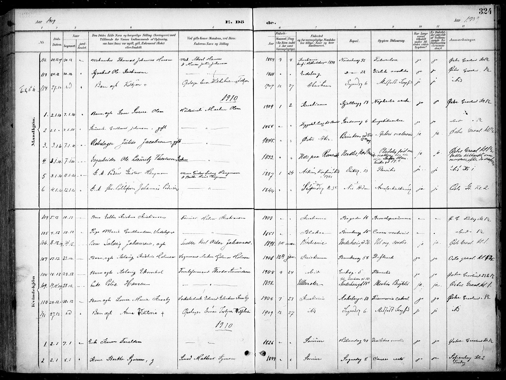 Kampen prestekontor Kirkebøker, SAO/A-10853/F/Fa/L0009: Parish register (official) no. I 9, 1899-1911, p. 324