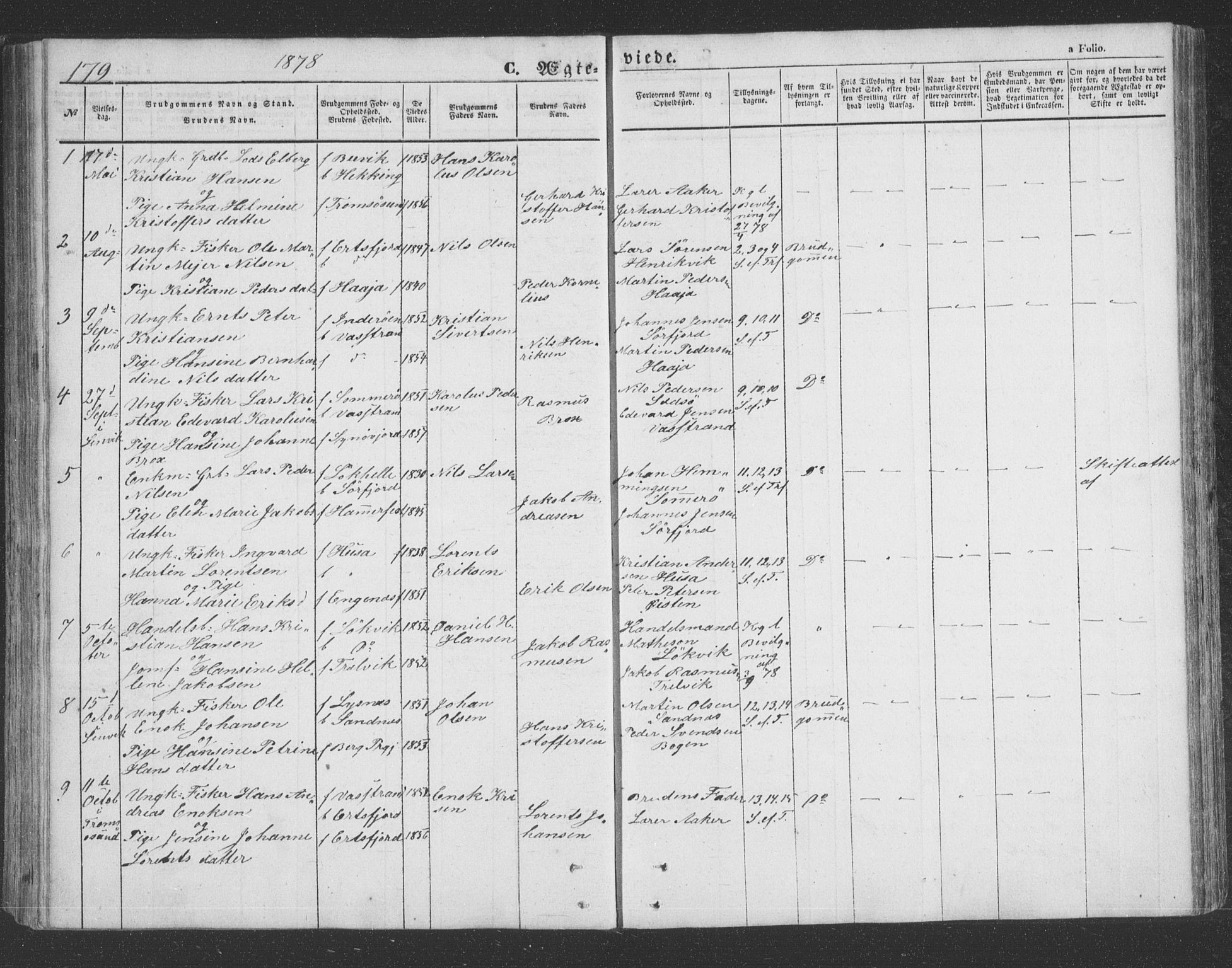 Lenvik sokneprestembete, AV/SATØ-S-1310/H/Ha/Hab/L0020klokker: Parish register (copy) no. 20, 1855-1883, p. 179