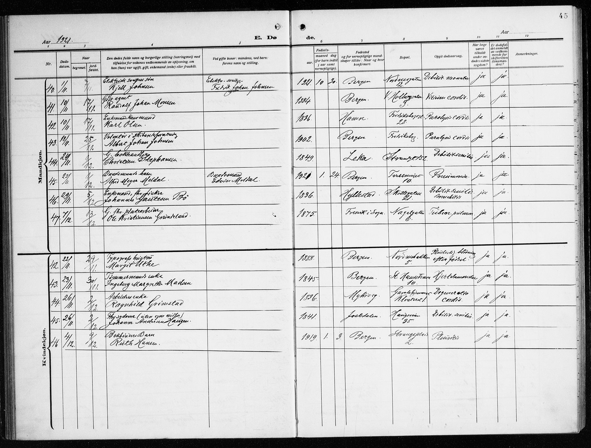 Nykirken Sokneprestembete, AV/SAB-A-77101/H/Haa/L0046: Parish register (official) no. E 6, 1918-1944, p. 45