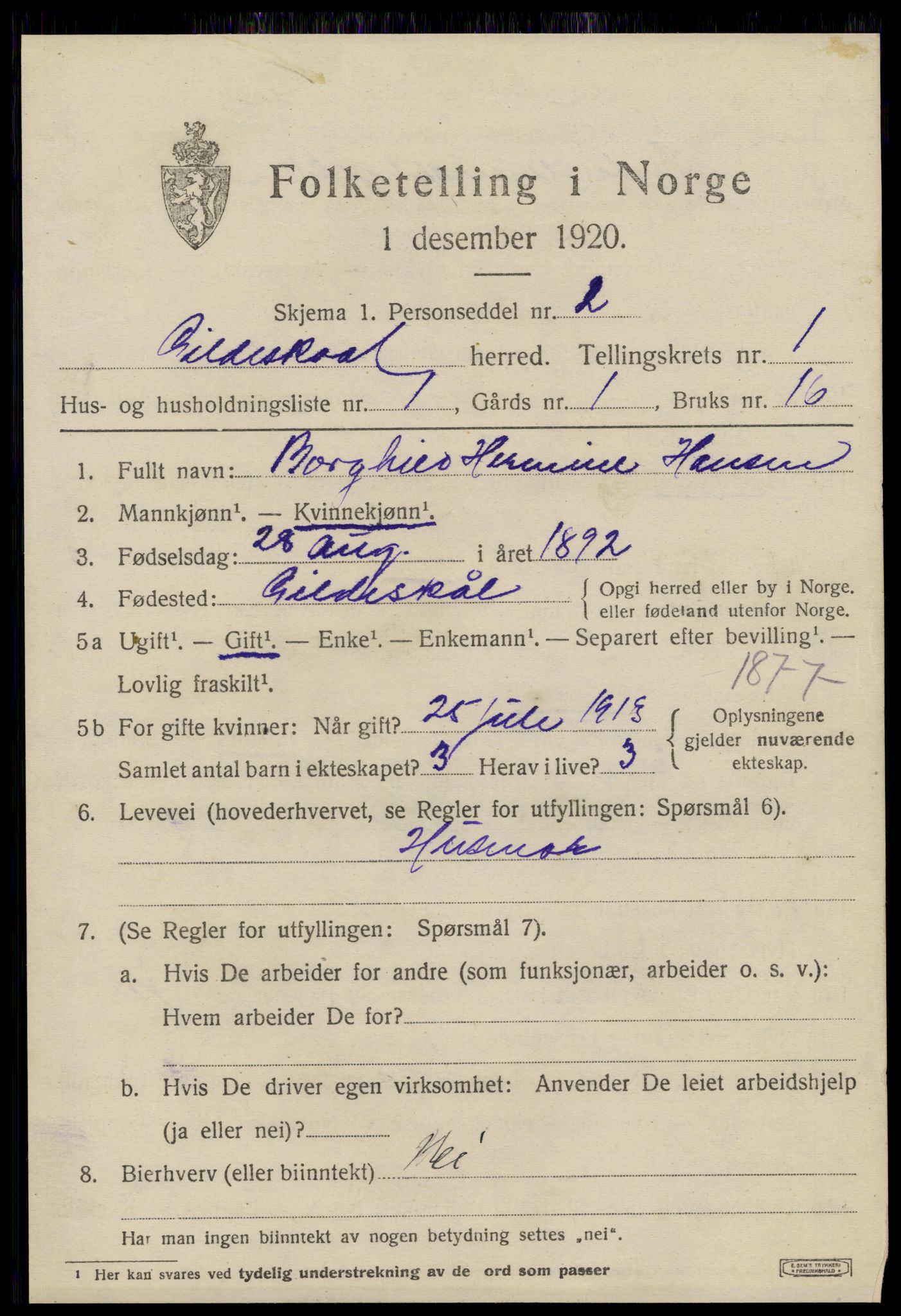 SAT, 1920 census for Gildeskål, 1920, p. 1624