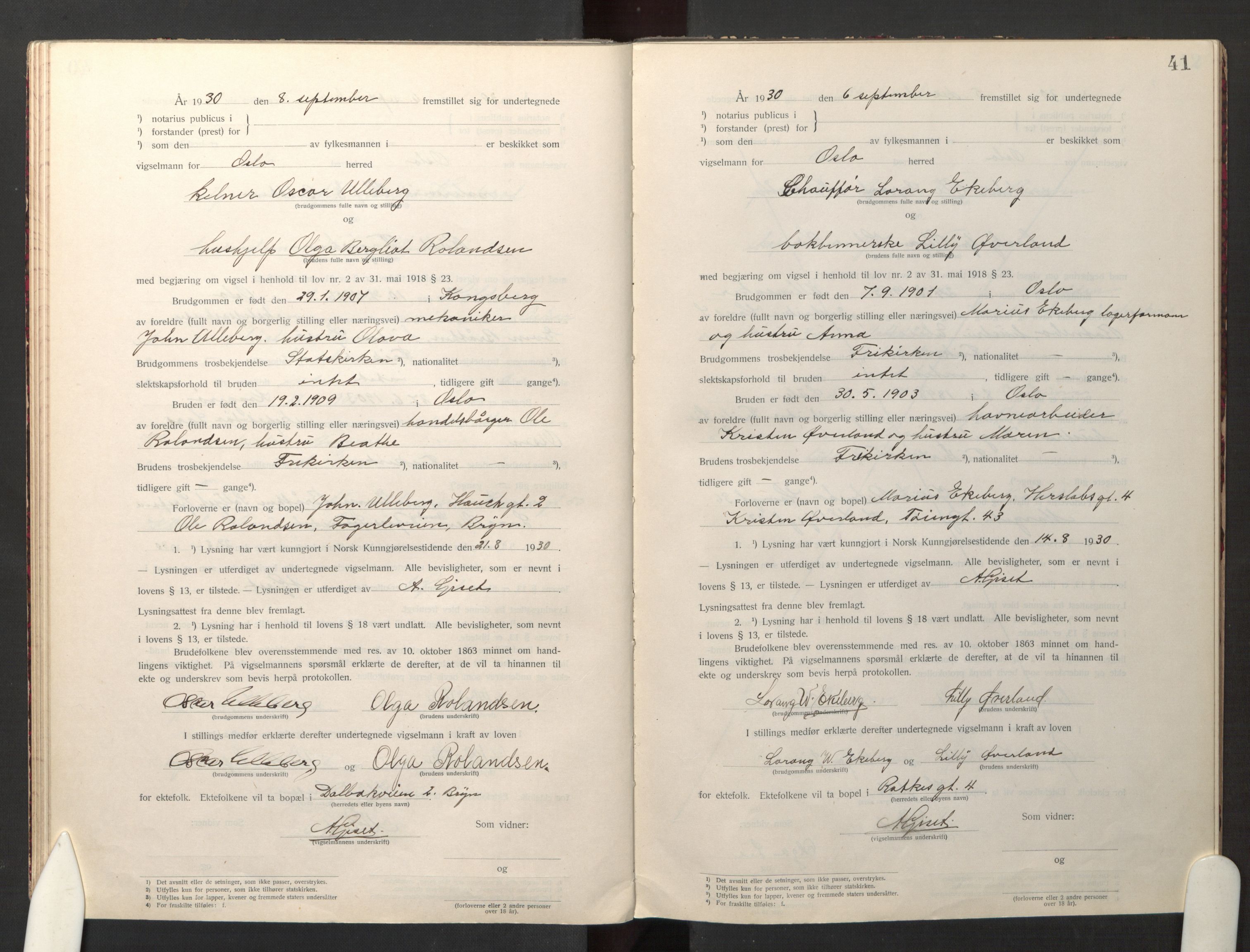 Den evangelisk-lutherske frikirke østre menighet, Oslo, AV/SAO-PAO-0245/F/L0005: Marriage register (dissenter) no. 5, 1920-1941, p. 41