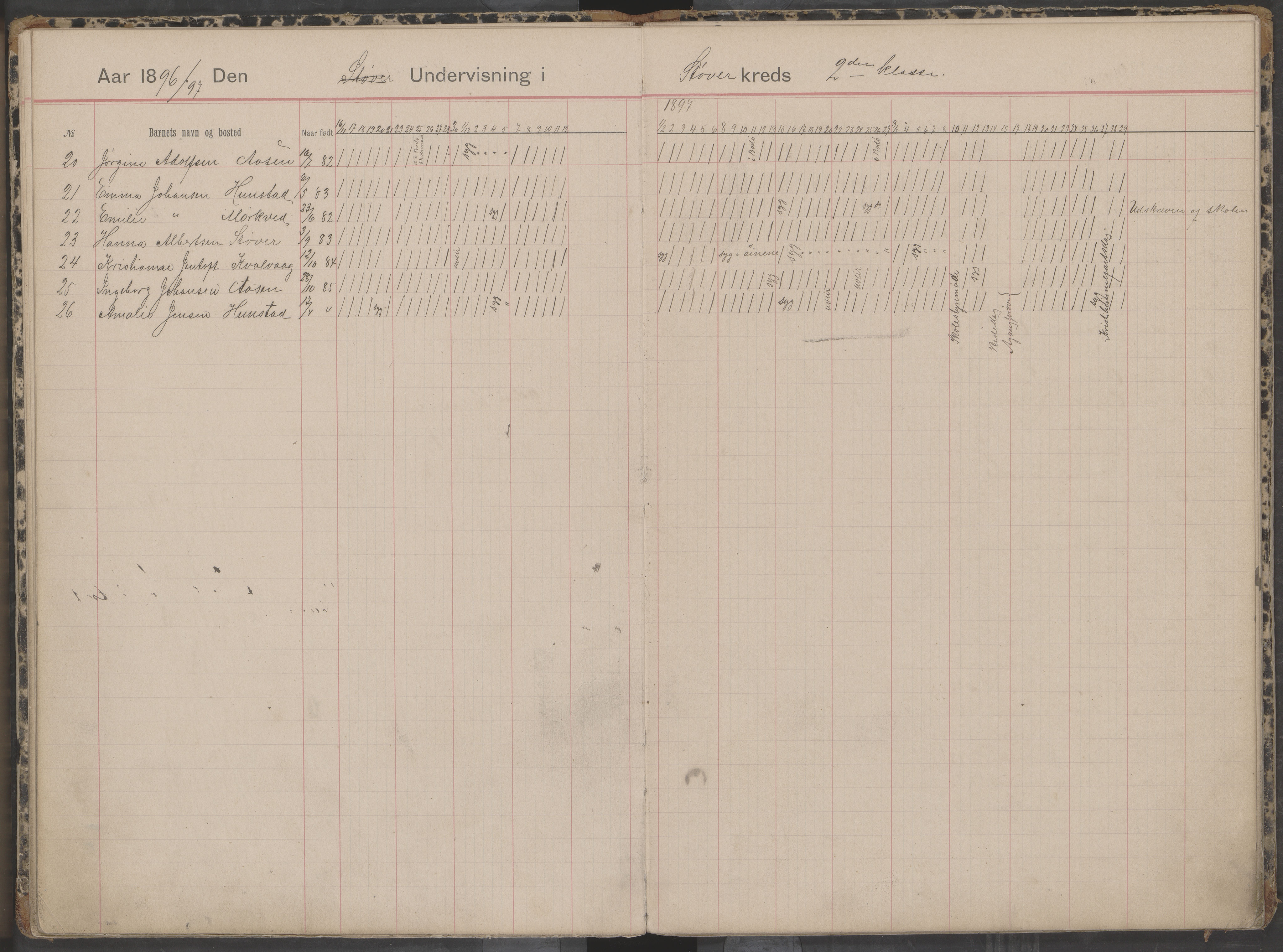 Bodin kommune. Støver skolekrets, AIN/K-18431.510.07/F/Fa/L0001: Dagbok for skolehold og skolesøkning, 1892-1905