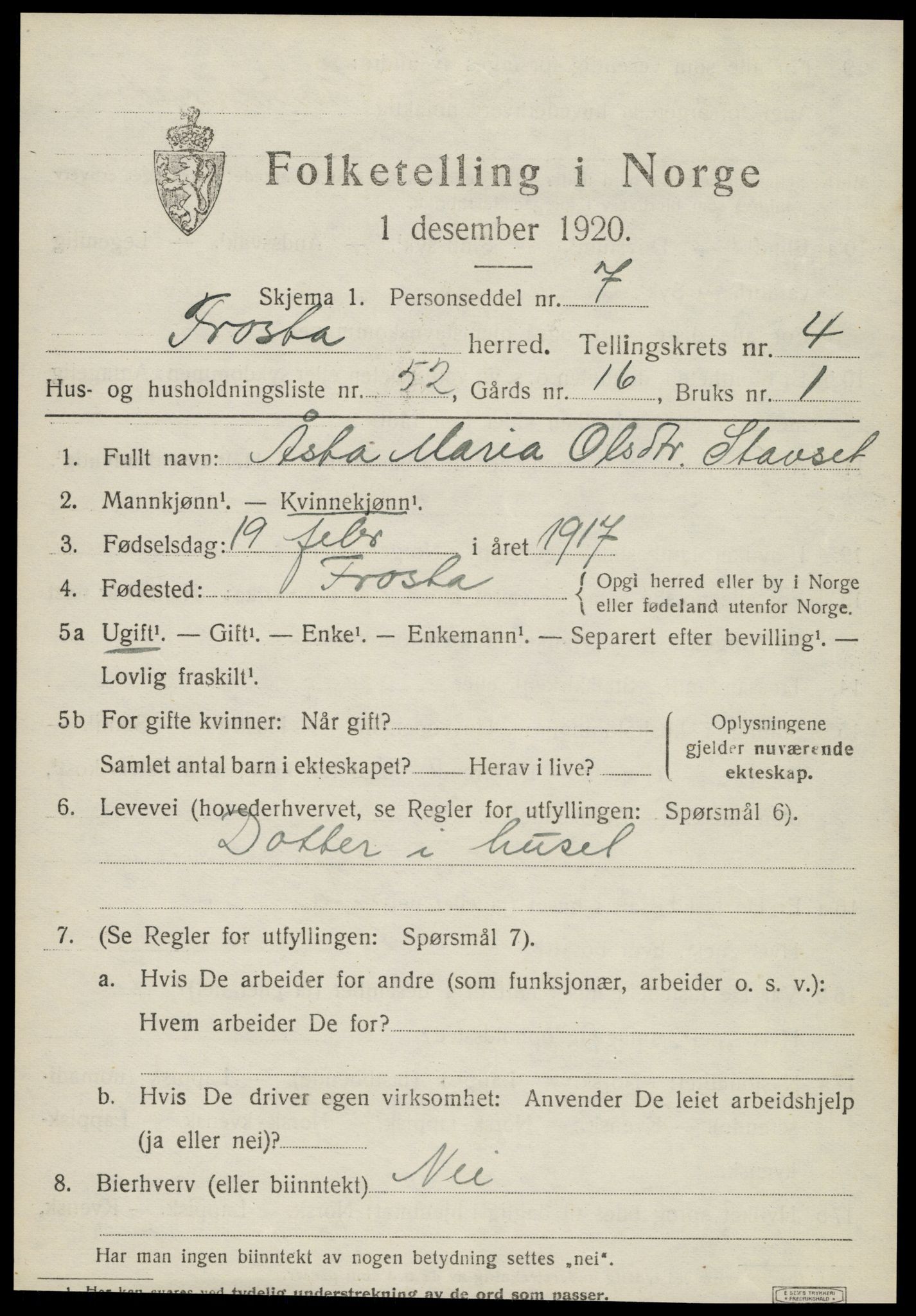 SAT, 1920 census for Frosta, 1920, p. 5296