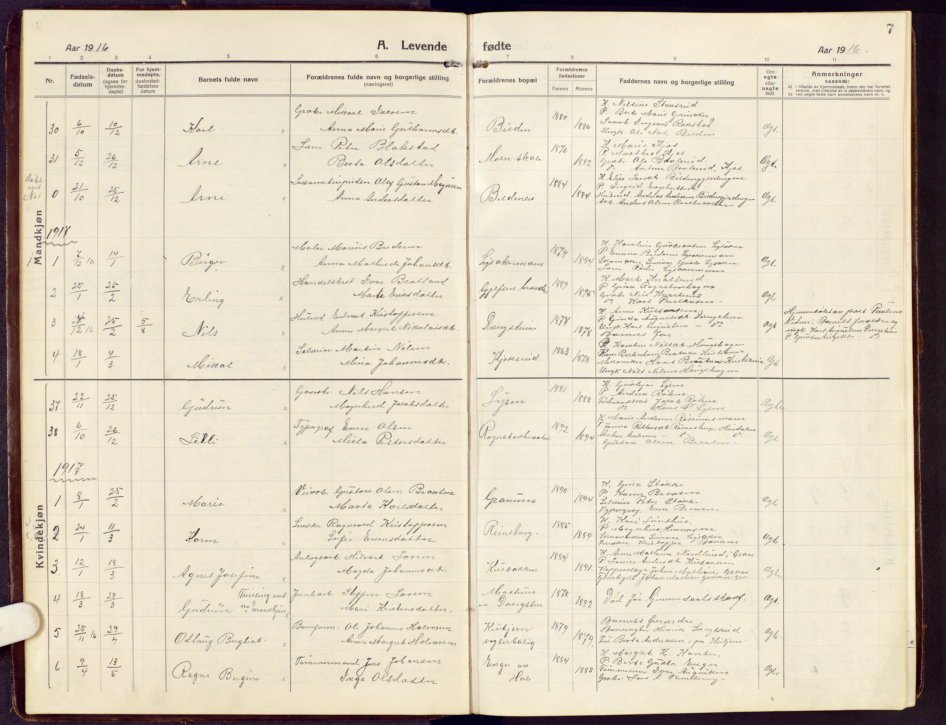 Brandbu prestekontor, SAH/PREST-114/H/Ha/Hab/L0010: Parish register (copy) no. 10, 1916-1930, p. 7