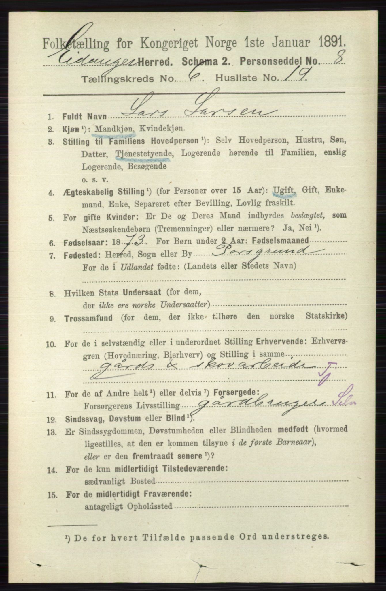 RA, 1891 census for 0813 Eidanger, 1891, p. 2708