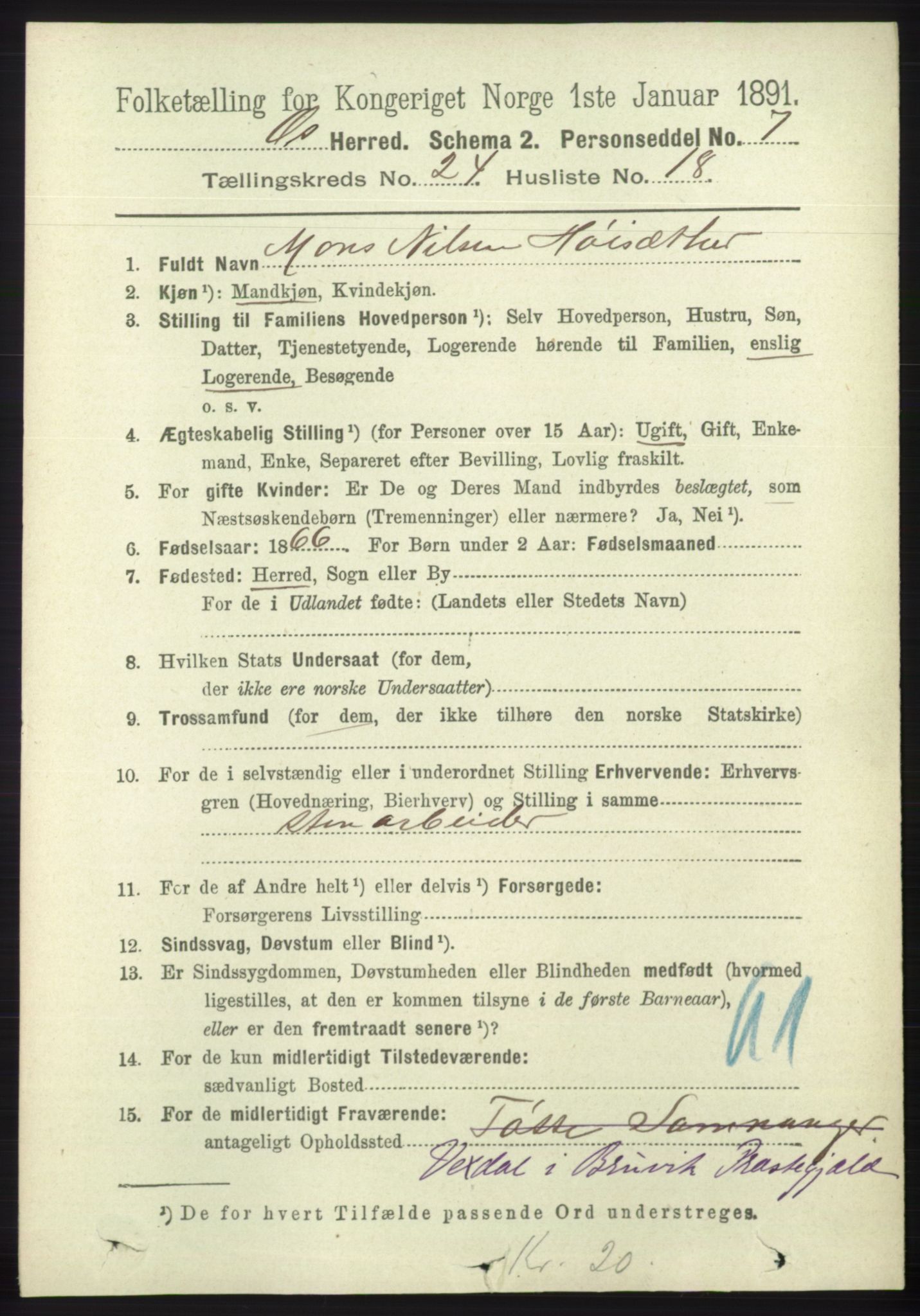 RA, 1891 census for 1243 Os, 1891, p. 5330