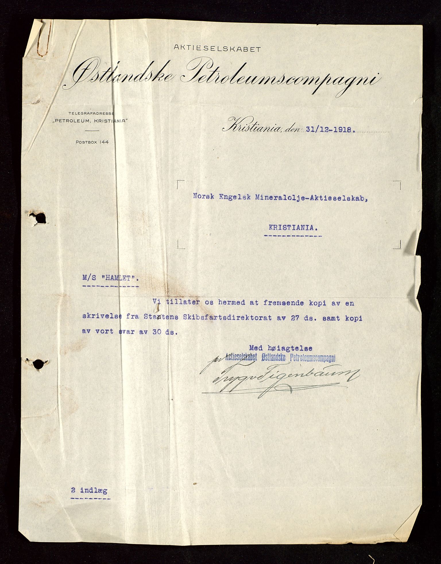 Pa 1521 - A/S Norske Shell, AV/SAST-A-101915/E/Ea/Eaa/L0003: Sjefskorrespondanse, 1918, p. 308