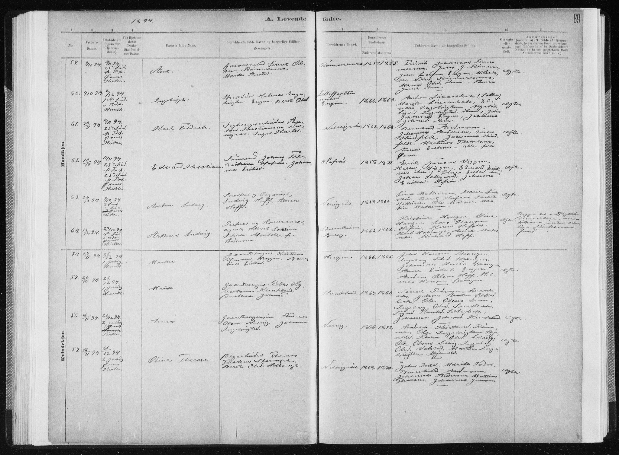 Ministerialprotokoller, klokkerbøker og fødselsregistre - Sør-Trøndelag, AV/SAT-A-1456/668/L0818: Parish register (copy) no. 668C07, 1885-1898, p. 89