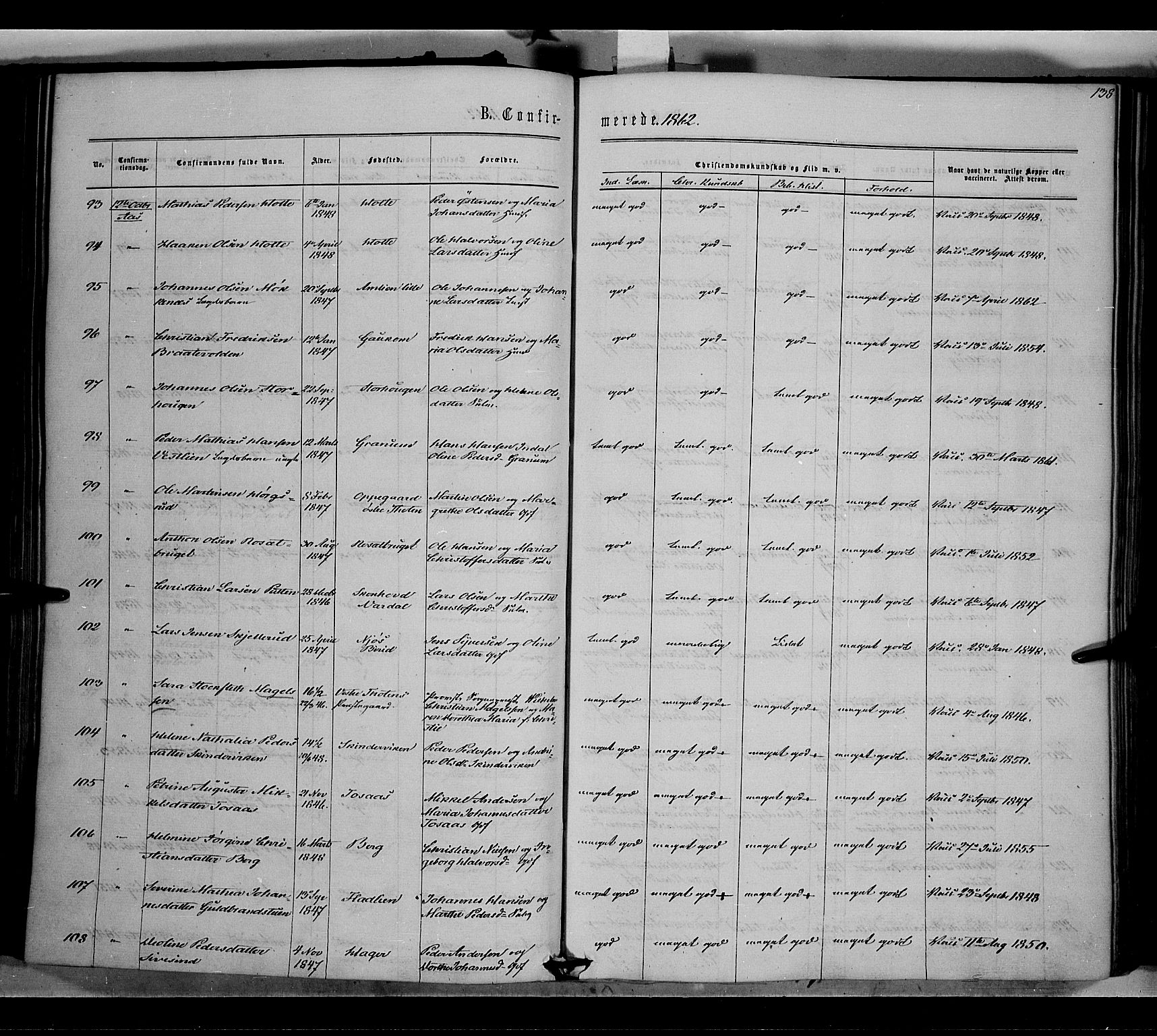 Vestre Toten prestekontor, SAH/PREST-108/H/Ha/Haa/L0007: Parish register (official) no. 7, 1862-1869, p. 138
